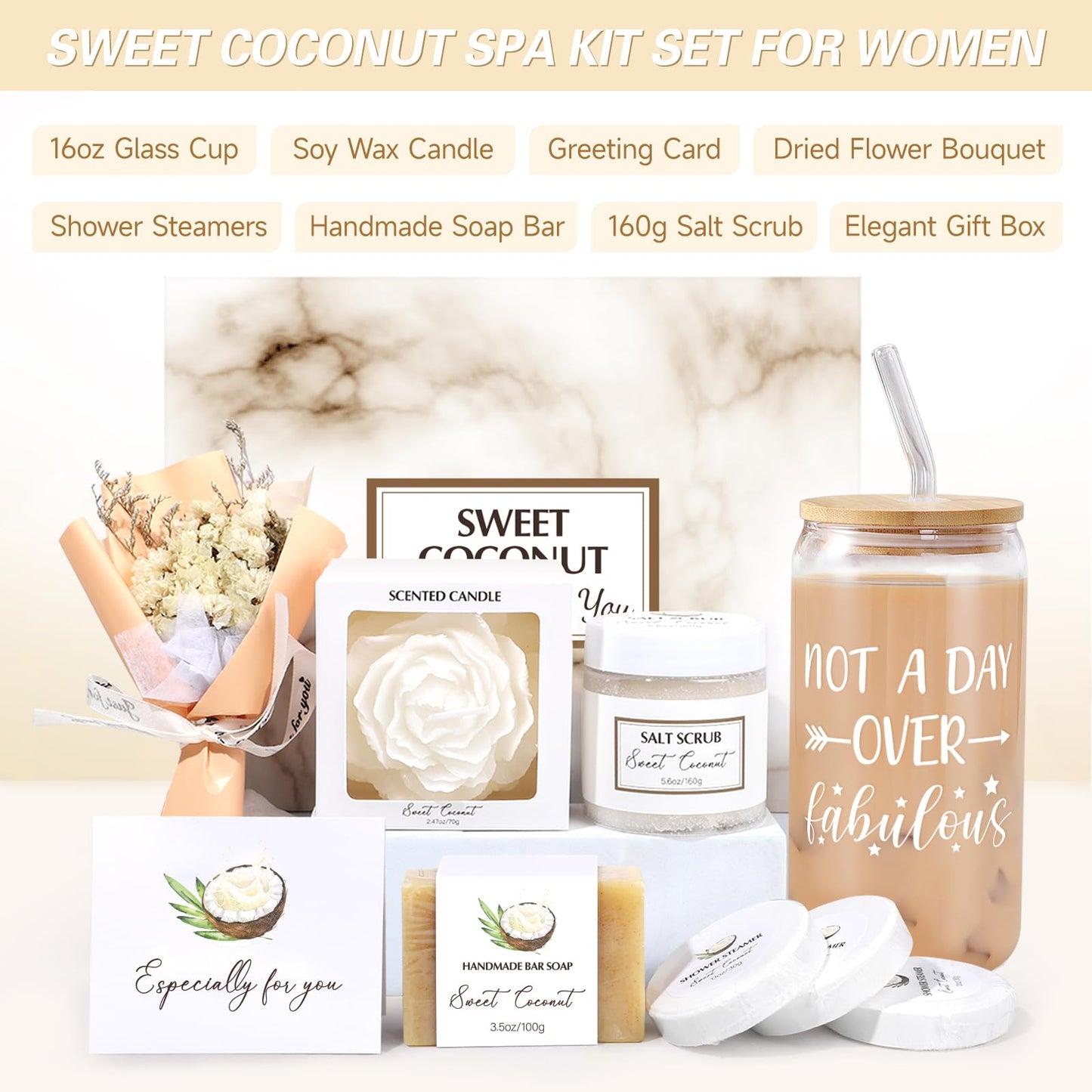 Spa Gift Baskets for Women, Sweet Coconut Birthday Gifts Baskets for Women, Spa Kit Gift Box, Bath and Body Relaxing Gifts Set for Mother Wife Sister Friends with Glass Cup Salt Scrub Shower Steamers