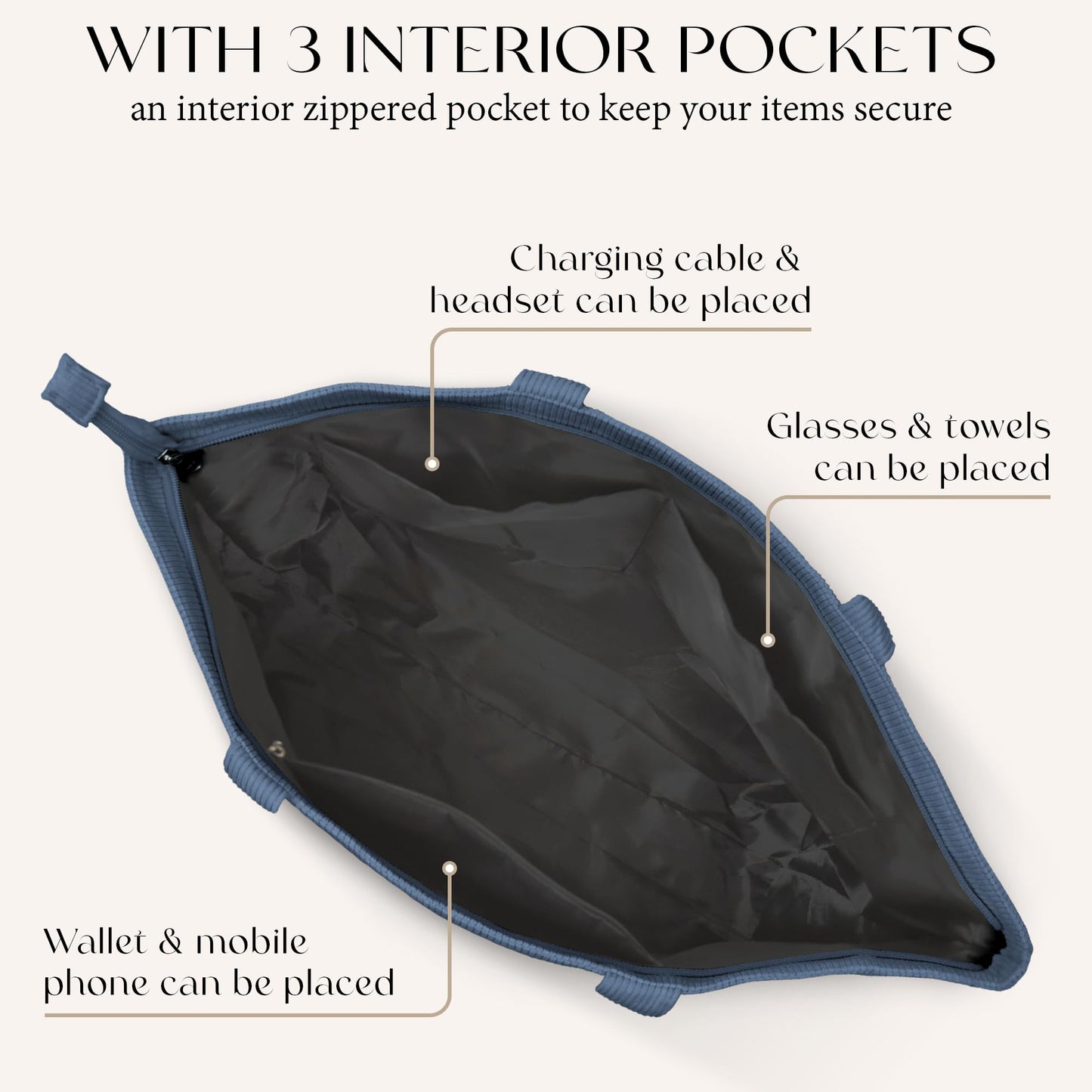 HOMESPON Large Corduroy Tote Bag for Women Everyday Shoulder Bag with Pockets and Zipper for Work Travel Vacation (Blue, L)