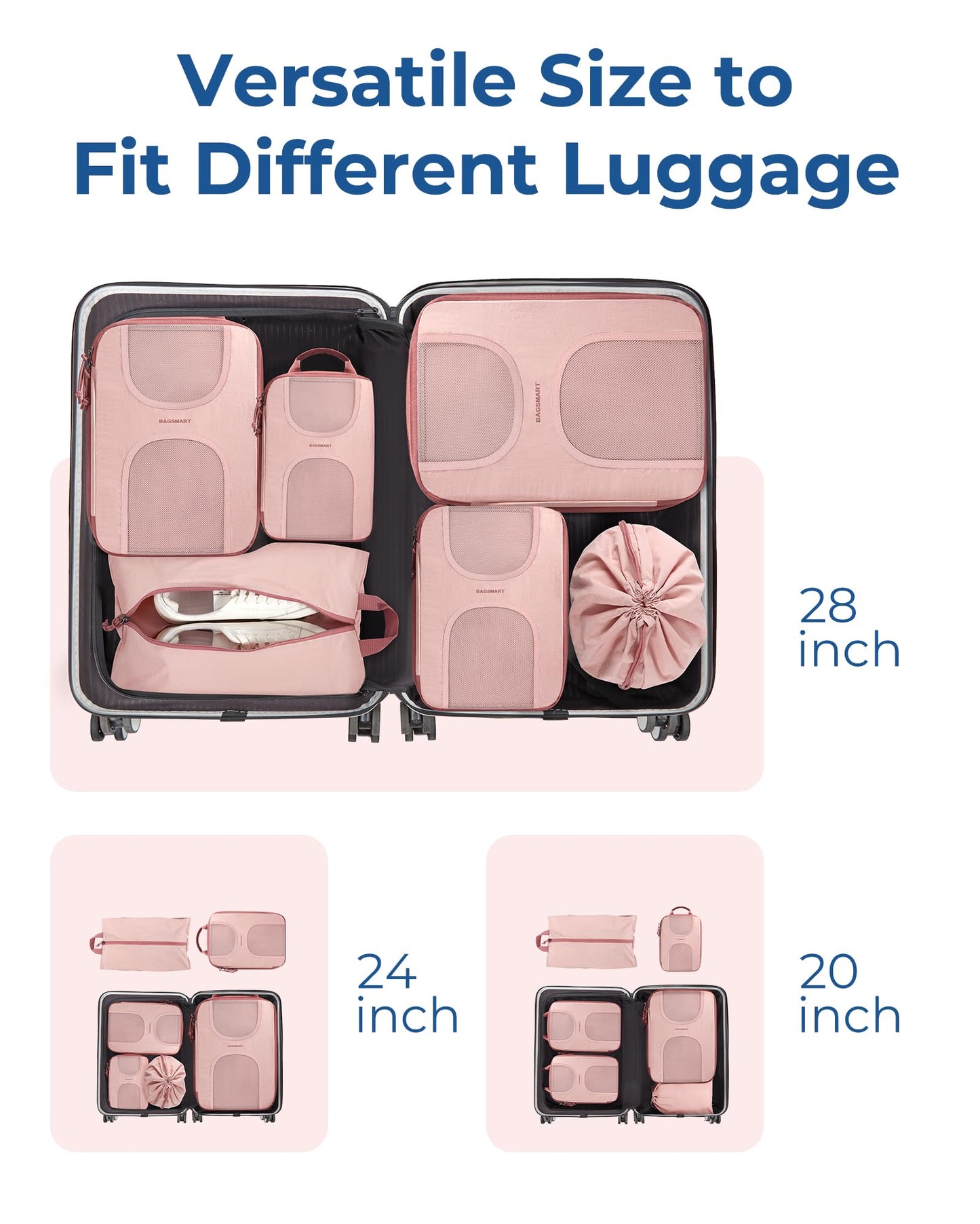 BAGSMART Compression Packing Cubes, 6 Set Packing Cubes for Suitcases, Lightweight Suitcases Organizers Bag Set & Compression Travel Cubes, Travel Essentials Packing Organizers Baby Pink