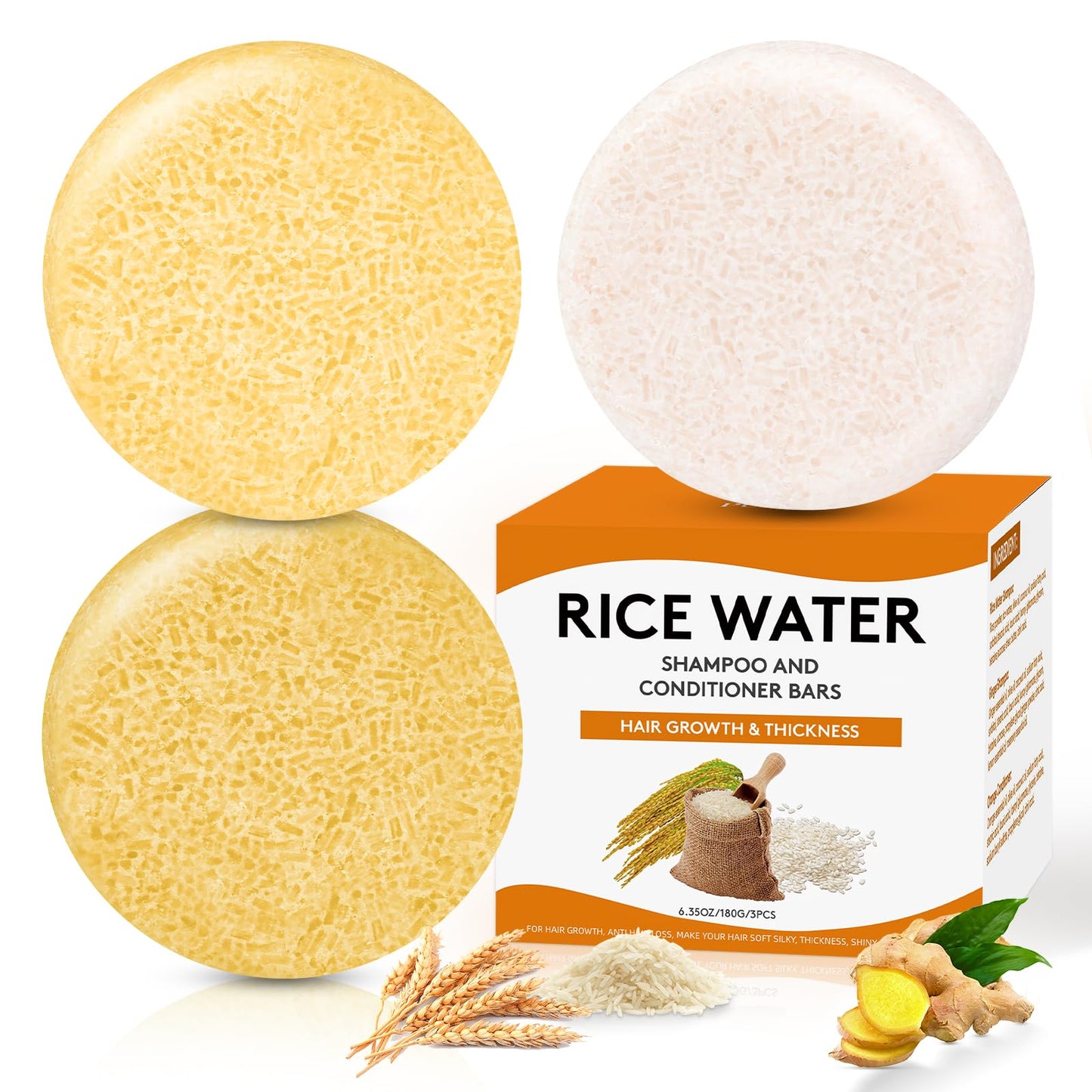 Pubpok Rice Water Shampoo Bars and Conditioner Set for Hair Growth, Organic Ginger Shampoo Bar for Anti-Hair Loss, Strengthening & Nourishing Soap, PH Balanced, Paraben Free & Silicone Free