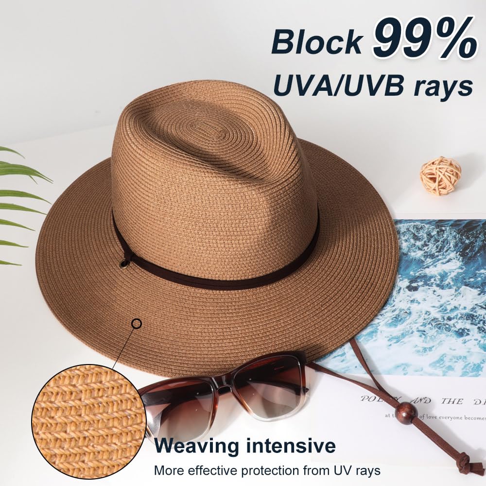 DRESHOW Womens Summer Straw Sun Hat Wide Brim Bucket Hats Fedora Hat Panama Beach Hat with Chin Strap UPF 50+