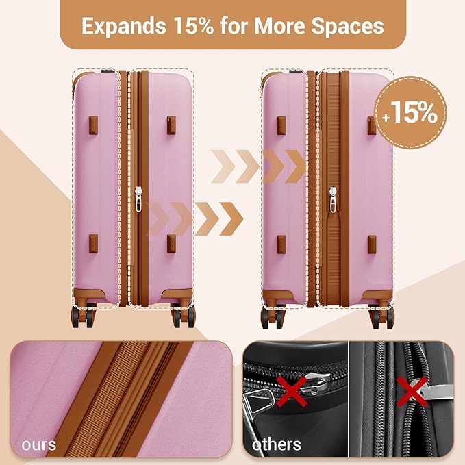 Kono 20 Inch Expandable Hard-Shell Suitcase, Ideal For Short Trips, Durable PP Material, With Hidden Cup Holder & TSA Lock, Pink/Brown
