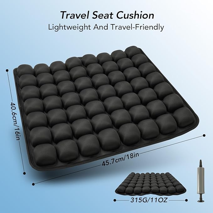 Air Inflatable Travel Seat Cushion, Portable Breathable Comfort Cushion, 56 Air Bubble Design for Airplane, Car, Office Chairs & Home Living – Lightweight & Ergonomic Support,18” x 16” (Black)