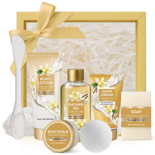 Cozy Vanilla Gift Sets for Women, 8 Piece Bath and Body Care with Bubble Bath, Relaxing Spa Gifts for Mom or Friend, Self Care Gift Basket Set Includes Body Scrub, Hand Cream, Soap for Birthdays