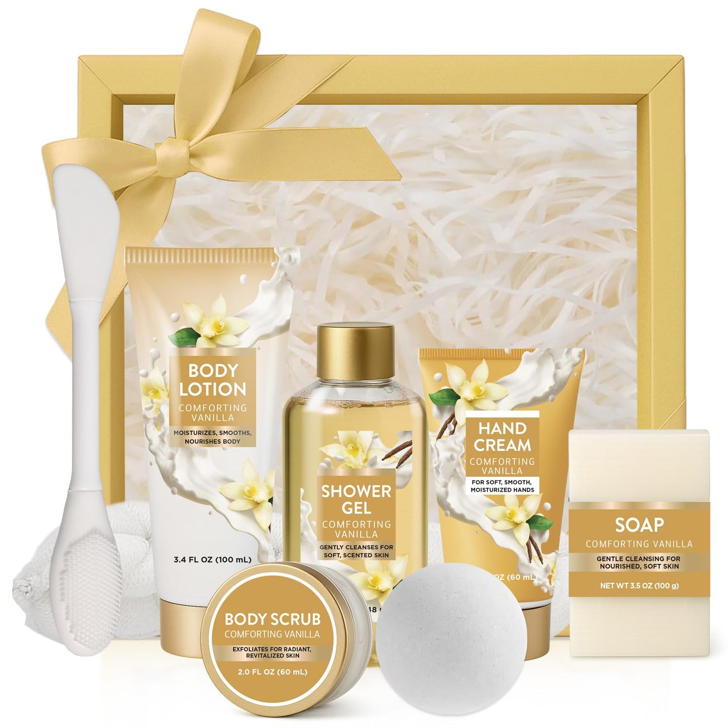 Cozy Vanilla Gift Sets for Women, 8 Piece Bath and Body Care with Bubble Bath, Relaxing Spa Gifts for Mom or Friend, Self Care Gift Basket Set Includes Body Scrub, Hand Cream, Soap for Birthdays