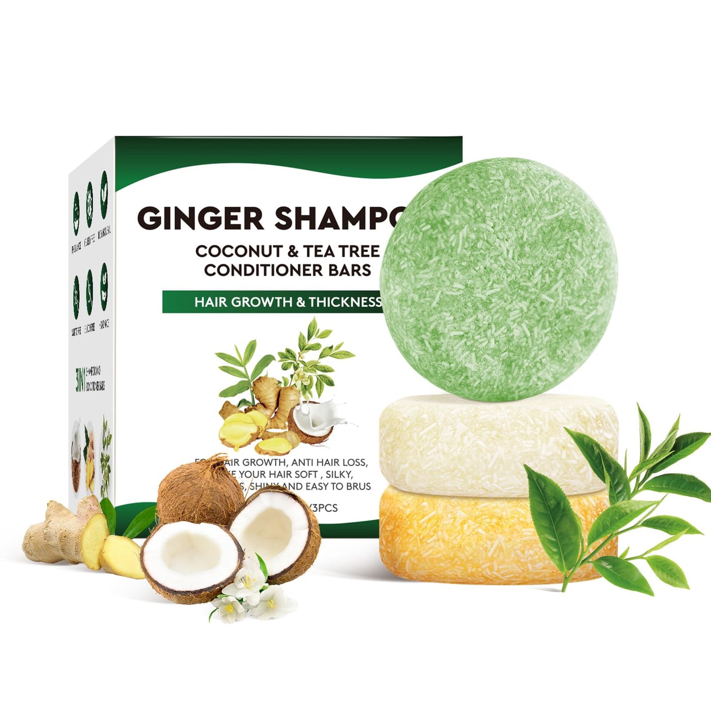 Pubpok Tea Tree & Organic Ginger Shampoo Bars and Conditioner Set, for Clarifying Grease, Promote Hair Growth, Anti Hair Loss, Coconut Oil Conditioner Solid Bar for Deep Moisturizing & PH Balanced
