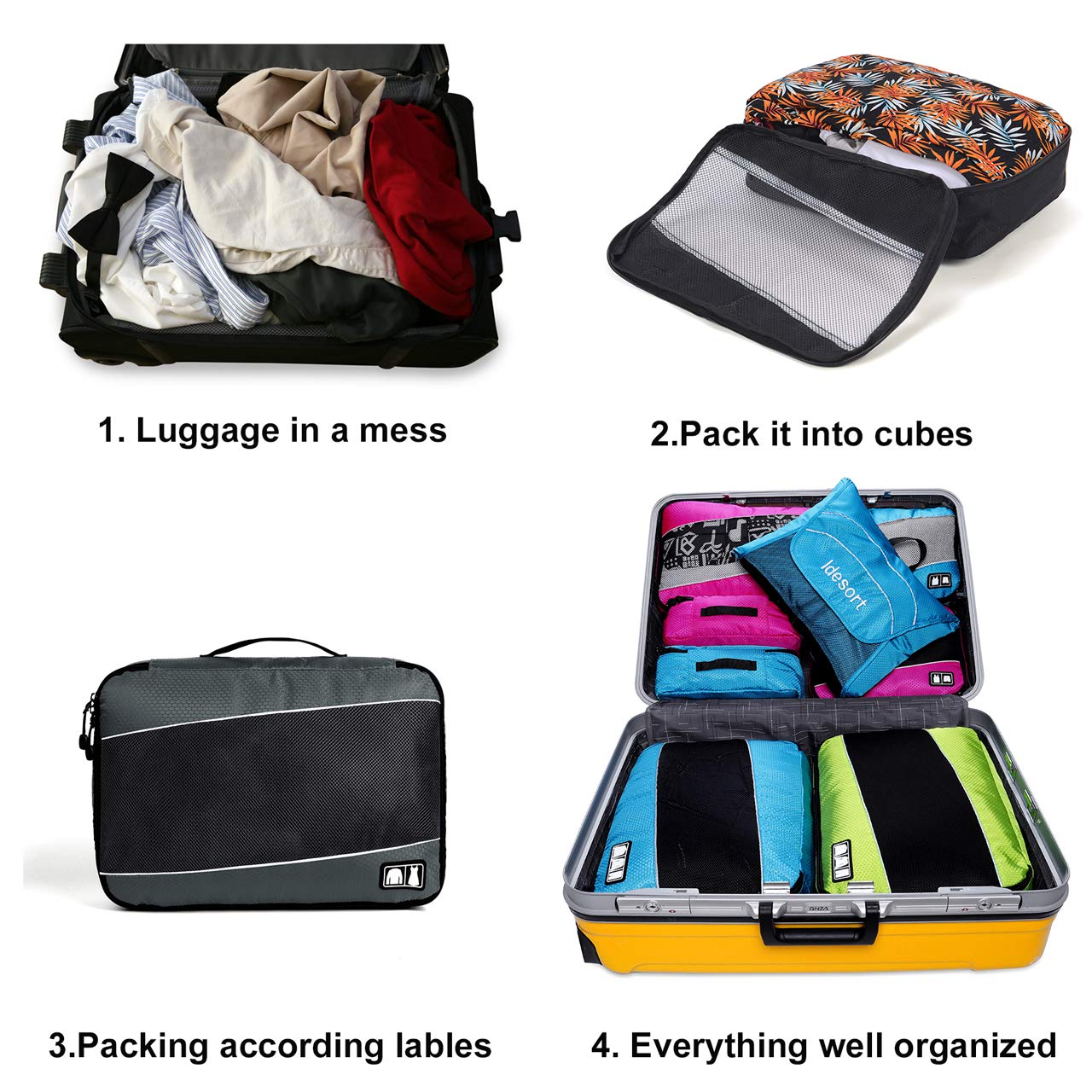 4 Set Packing Cubes, Various Sizes Travel Luggage Bags Organizers (Black)