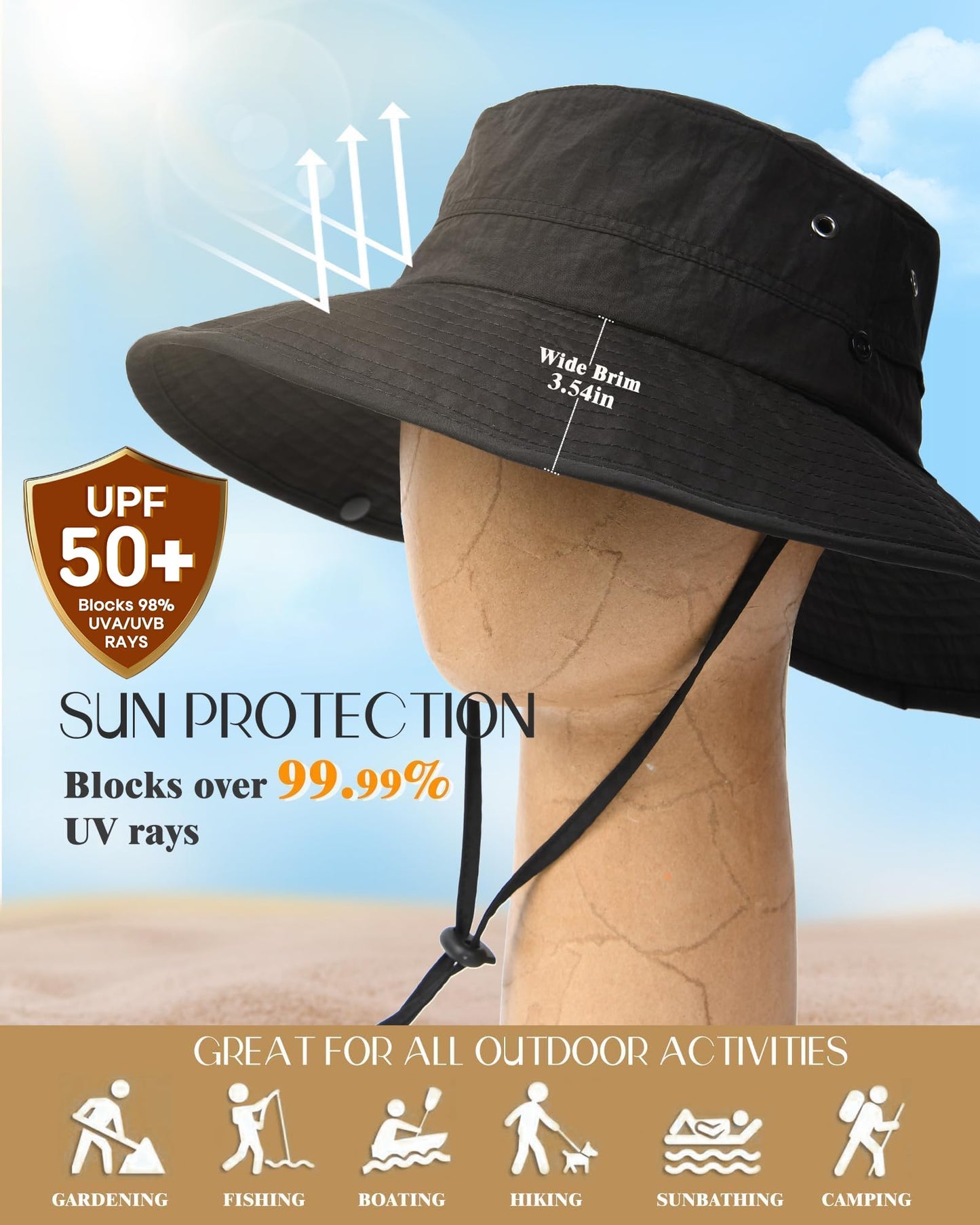 FURTALK Sun Hats for Women Ponytail UPF 50+ Beach Summer Hat Wide Brim Packable Cowboy Hat Pure Black