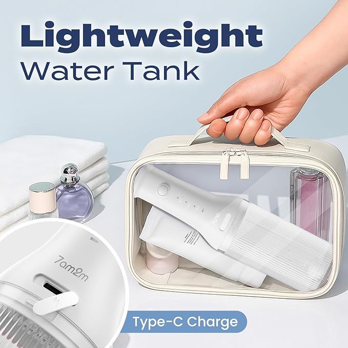 7AM2M Portable Water Flosser Cordless, Water Flosser with 3 Modes and 2 Jet Tips, USB C Rechargeable, IPX7 Waterproof, Dental Water Flosser for Travel and Home Use (White)