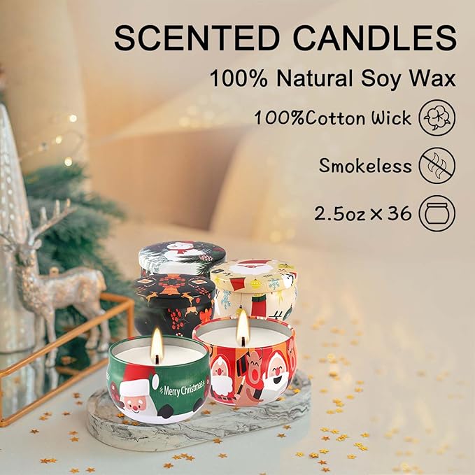 36Pack Christmasc Sets,Long Burning,2.5oz Natural Soy Wax with Essential Oils Decorative Aromatherapy Candles for Christmas,Thanksgiving Gift, Home Scented