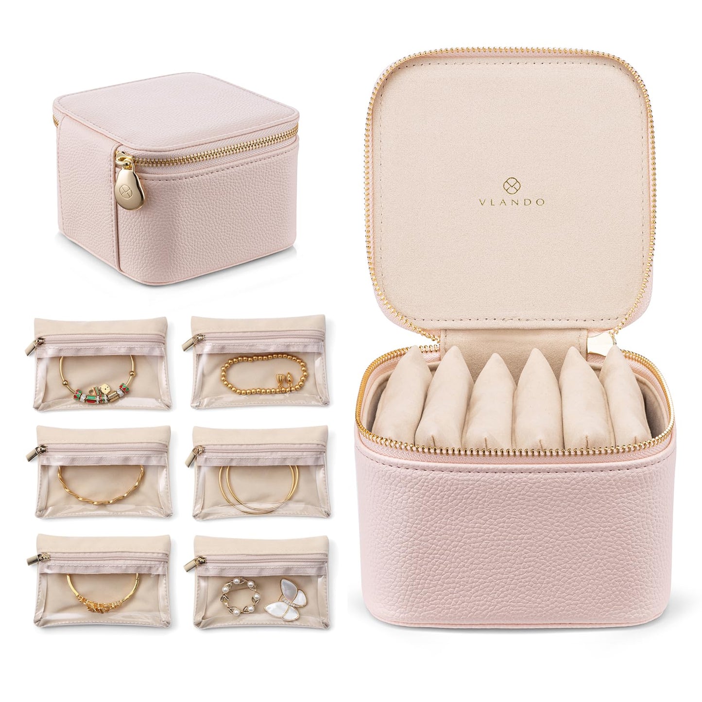 Vlando Travel Jewelry Box Organizer - 6 Small Velvet Zipped Pouches Pockets for Jewelries Necklaces Rings Earrings Sorting Storage, Rosy Mauve