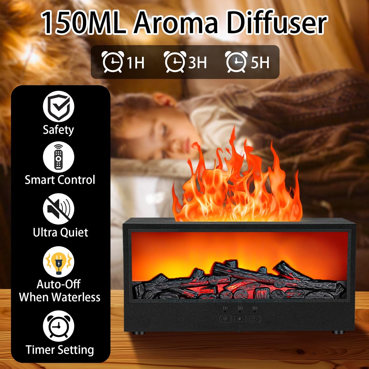 ONLYFU Mini Fireplace Aromatherapy Diffuser 7 Color Lights Fireside Bonfire Flame Air Humidifier for Home 150ml Timer & Auto-Off Essential Oil Diffuser with Remote for Spa, Yoga, Office (Black)