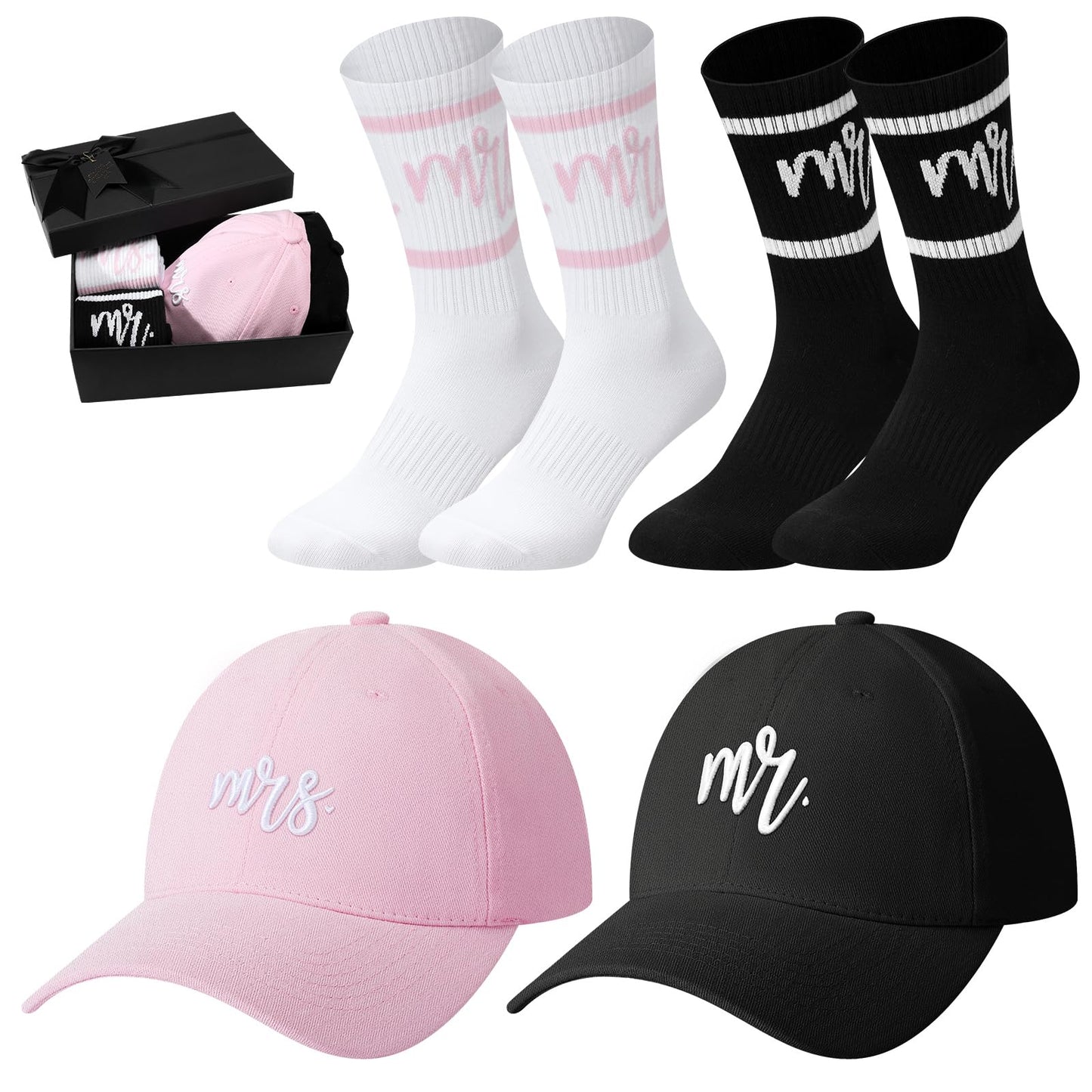 Eurzom 5 Pcs Mr and Mrs Gifts Embroidered Baseball Caps Mr and Mrs Crew Socks Bride and Broom Gift Box Set for Couples Newlywed Honeymoon Bridal Shower Engagement Wedding Favors