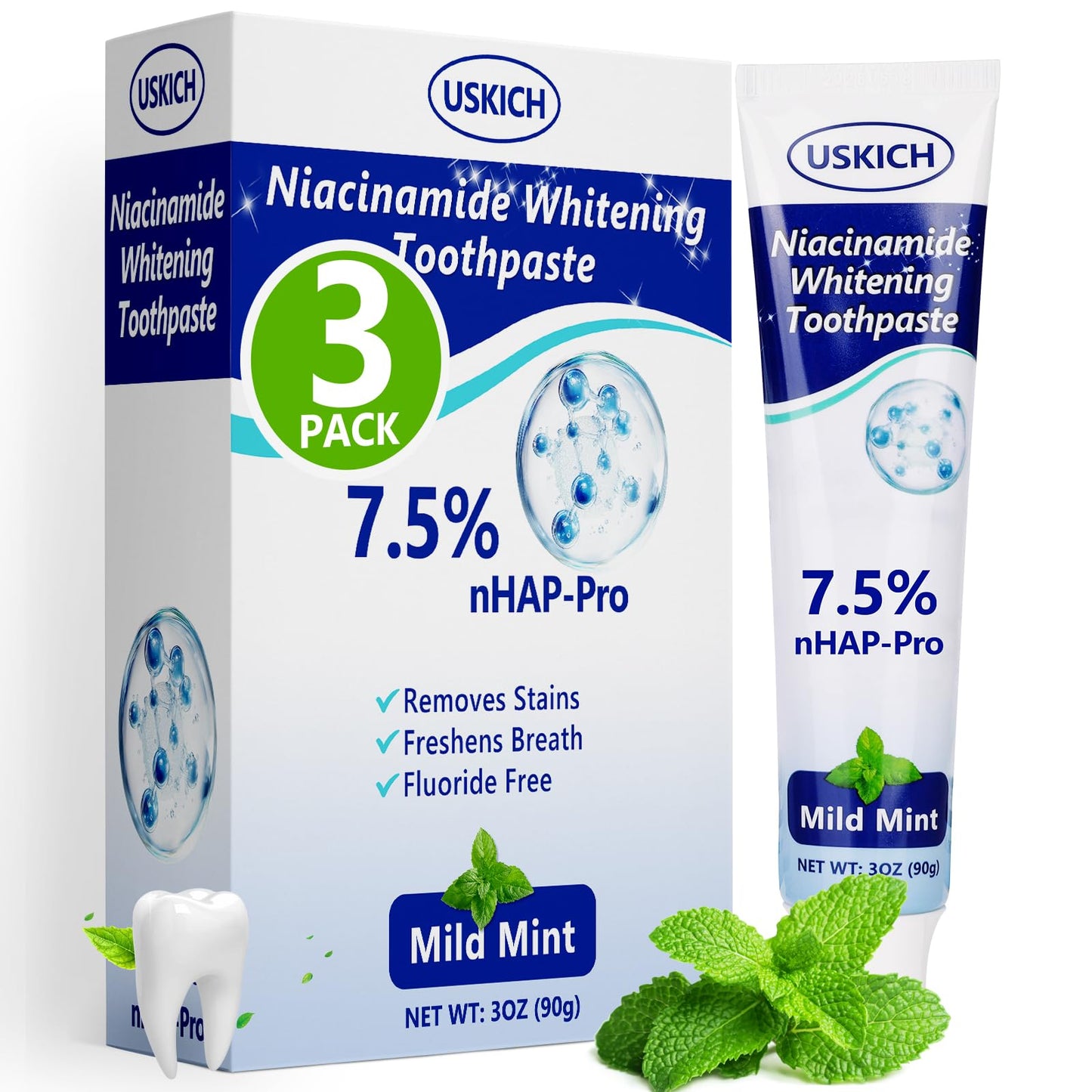 7.5% Nano-Hydroxyapatite Toothpaste,3 Pack Fresh Breath Whitening Toothpaste for Remineralizing Enamel & Sensitive Relief,Antiplaque,Natural Peppermint,Fluoride-Free