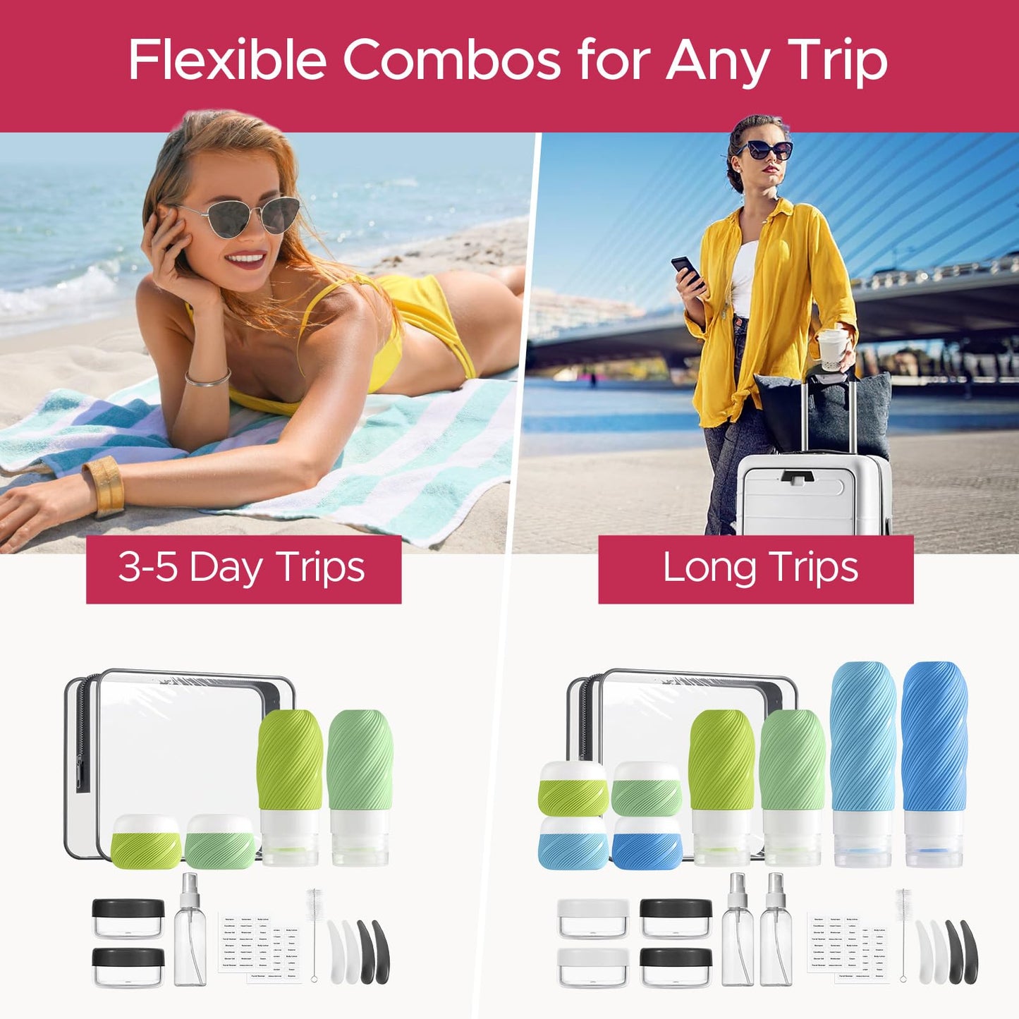 23 Pack TSA Approved Travel Bottles for Toiletries, Leak Proof Refillable Travel Size Containers Kit with Silicone Squeezable Bottles Jars for Shampoo Lotion Conditioner, in Clear Bag, Blue