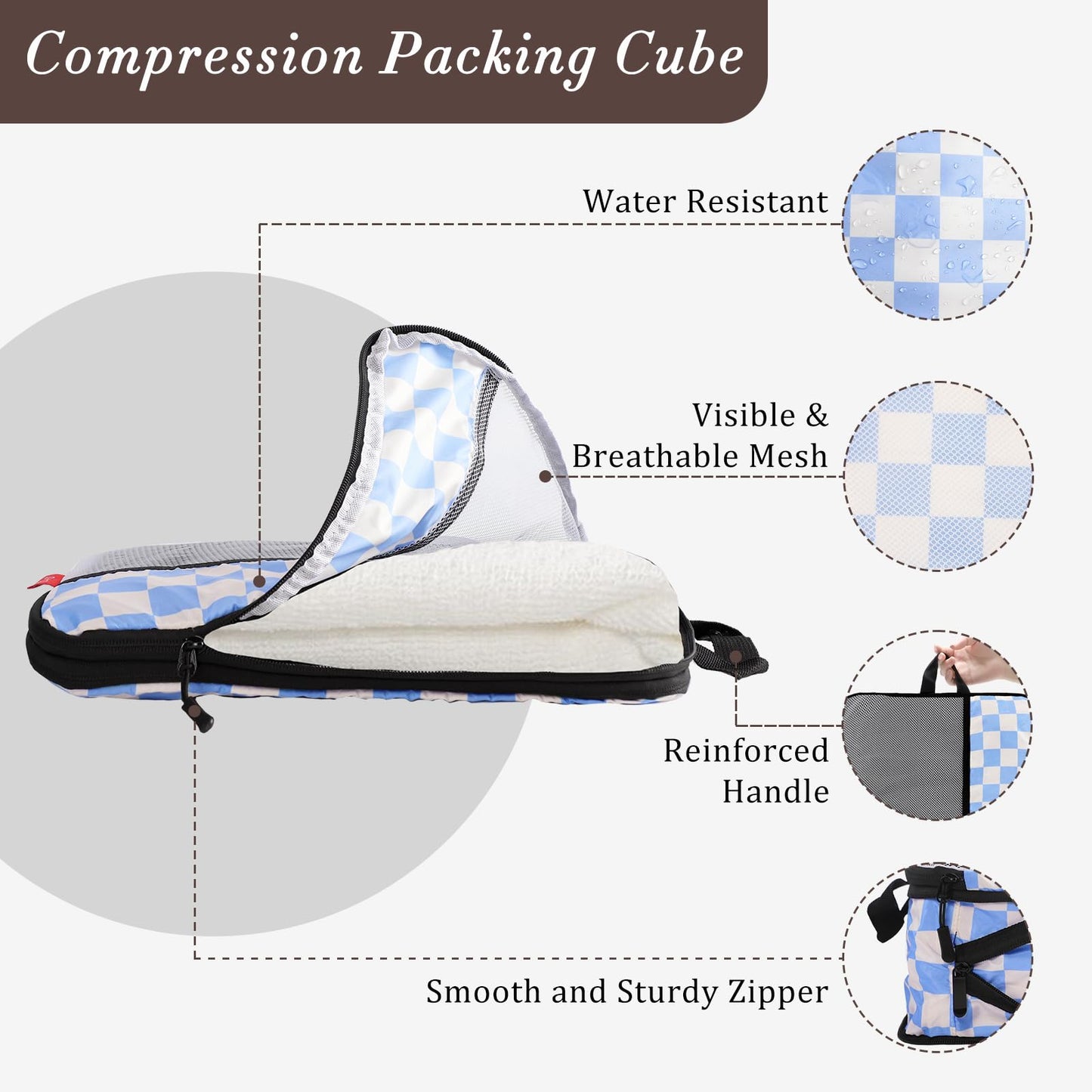 U+U 4 Set Compression Packing Cubes - Ultralight Travel Organizers, Space-Saving Suitcase Organizer, Expandable Packing Cubes for Travel, Business Trip and Family Vacation (Blue Checkered)