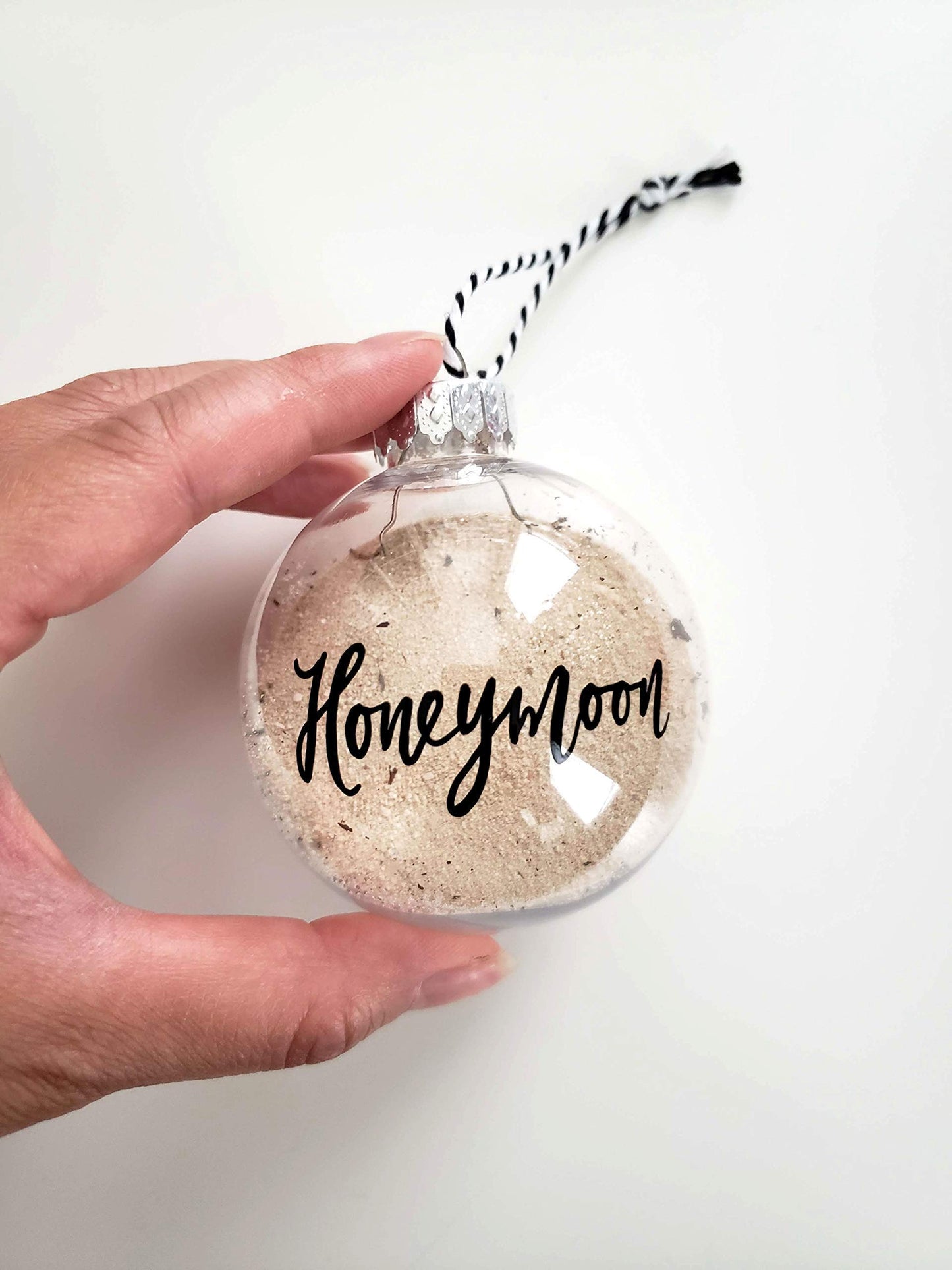 Hand Lettered Honeymoon Sand Christmas Ornament, Travel Gift for Bridal Shower - 2.5 inch Diameter, Plastic & Shatterproof