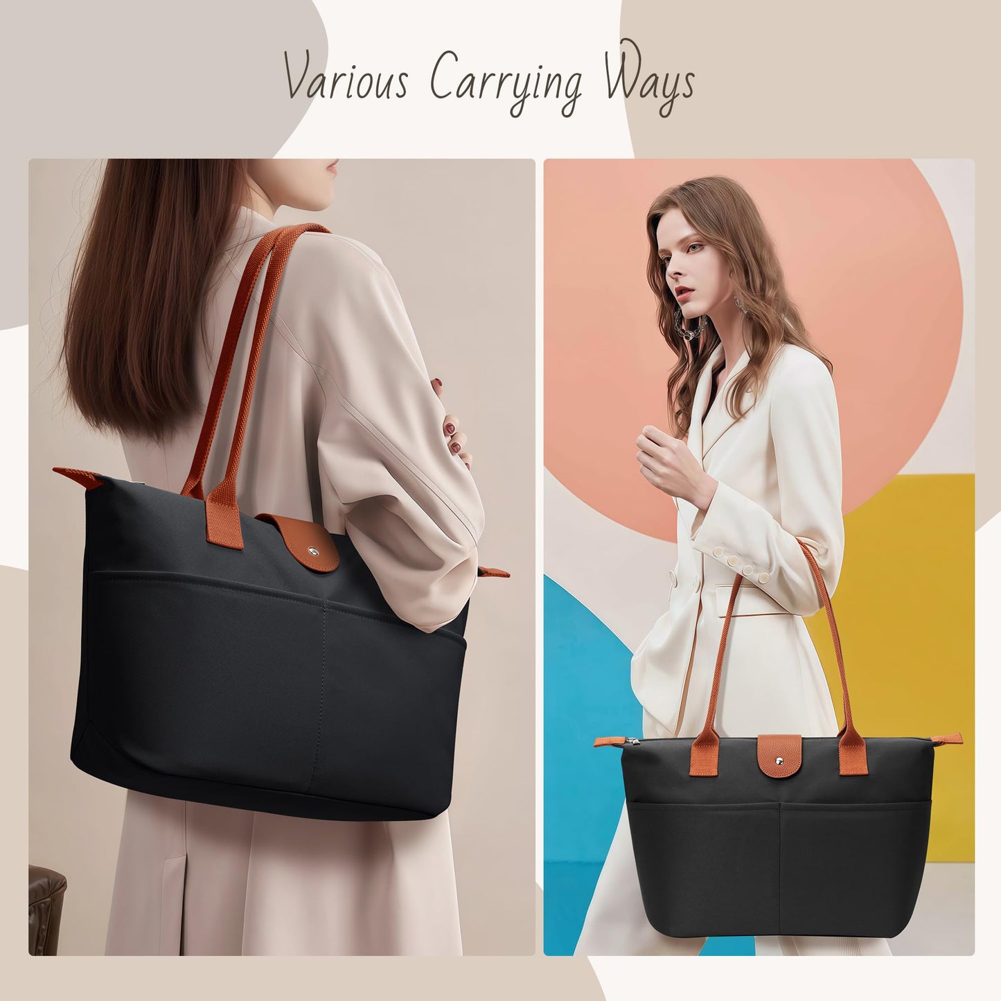 DIXEIGHT Nylon Tote Bag Women Zipper Shoulder Purse Large Hobo Top Handle Foldable Handbags for Work Travel Shopping, Black