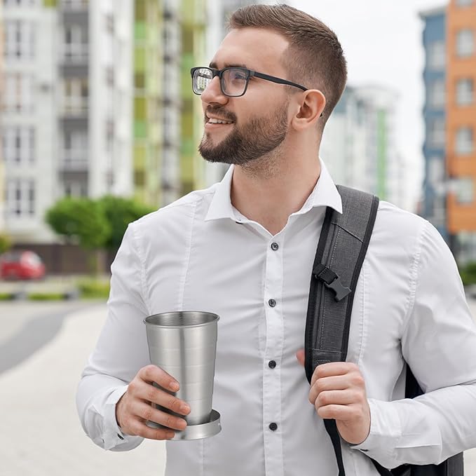 10 Pieces Collapsible Shot Glasses Stainless Steel Collapsible Cup Reusable Portable Travel Folding Cup with Lid and Keychain for Camping Hiking Cycling(8.5 oz)