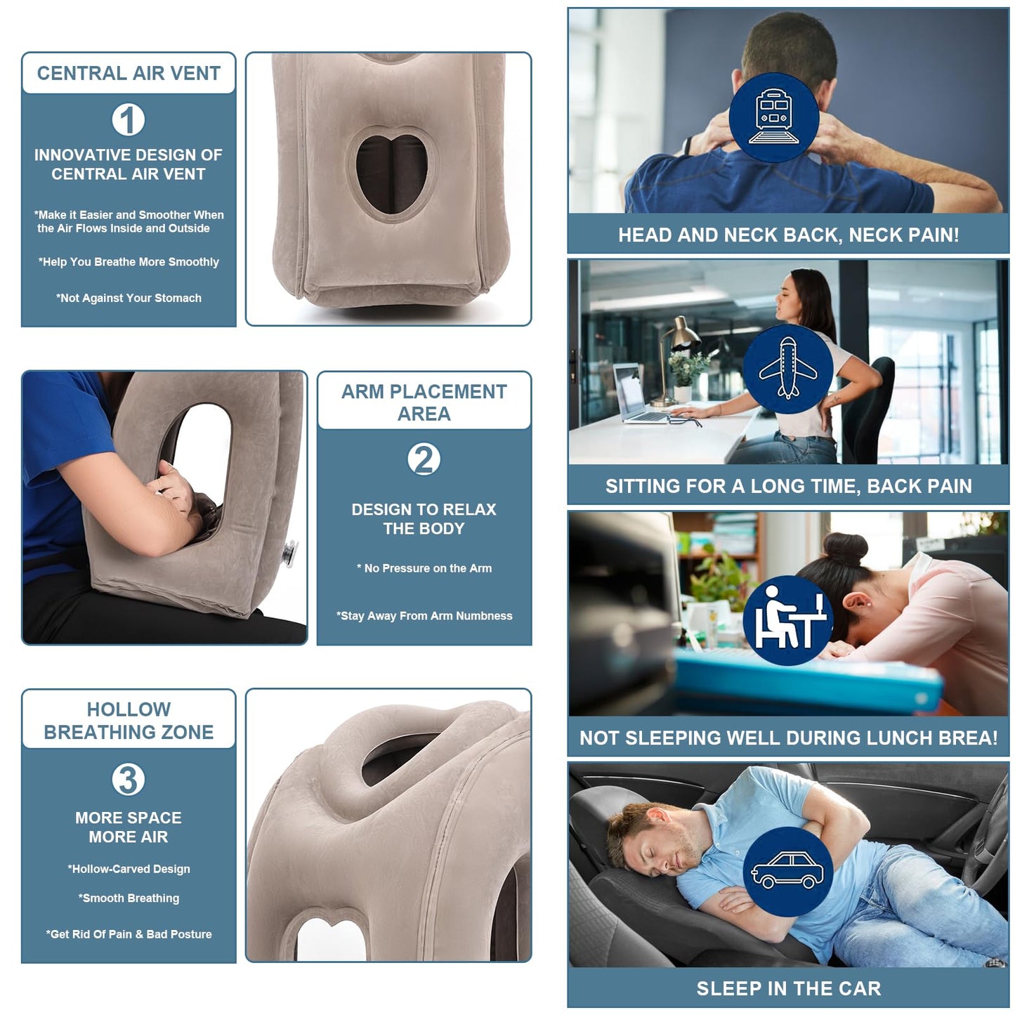 Kimiandy Upgraded Inflatable Travel Air Pillow for Sleeping to Avoid Neck and Shoulder Pain,21" H*12.6" W (Dark Grey, 21 x 12.6 x 12.6 inches)