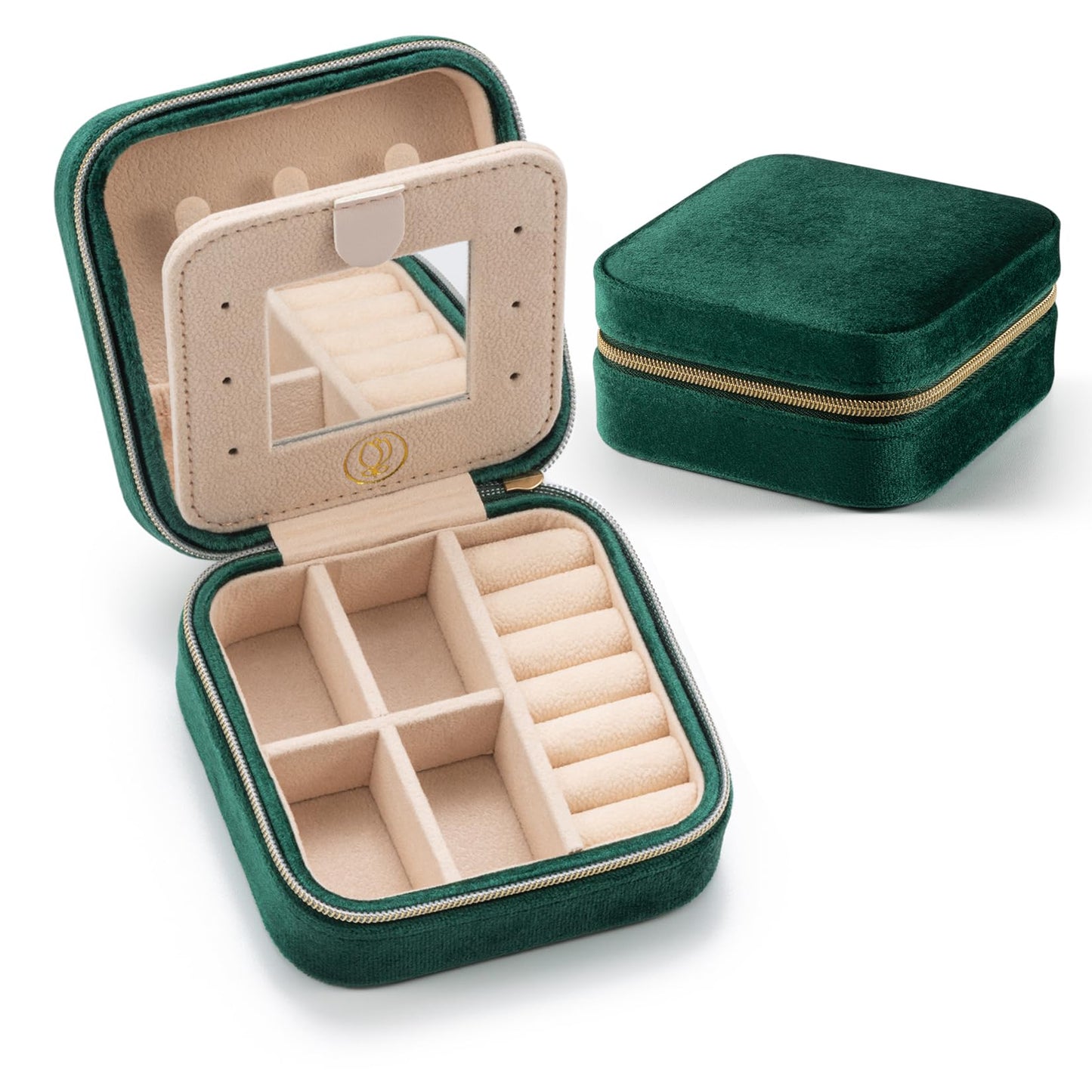 Plush Velvet Jewelry Travel Case,Small Jewelry Box,Traveling Jewelry Organizer,Portable Jewellery Storage Holder for Rings Earrings Necklace Bracelet, for Girls Women | Green-Mirror