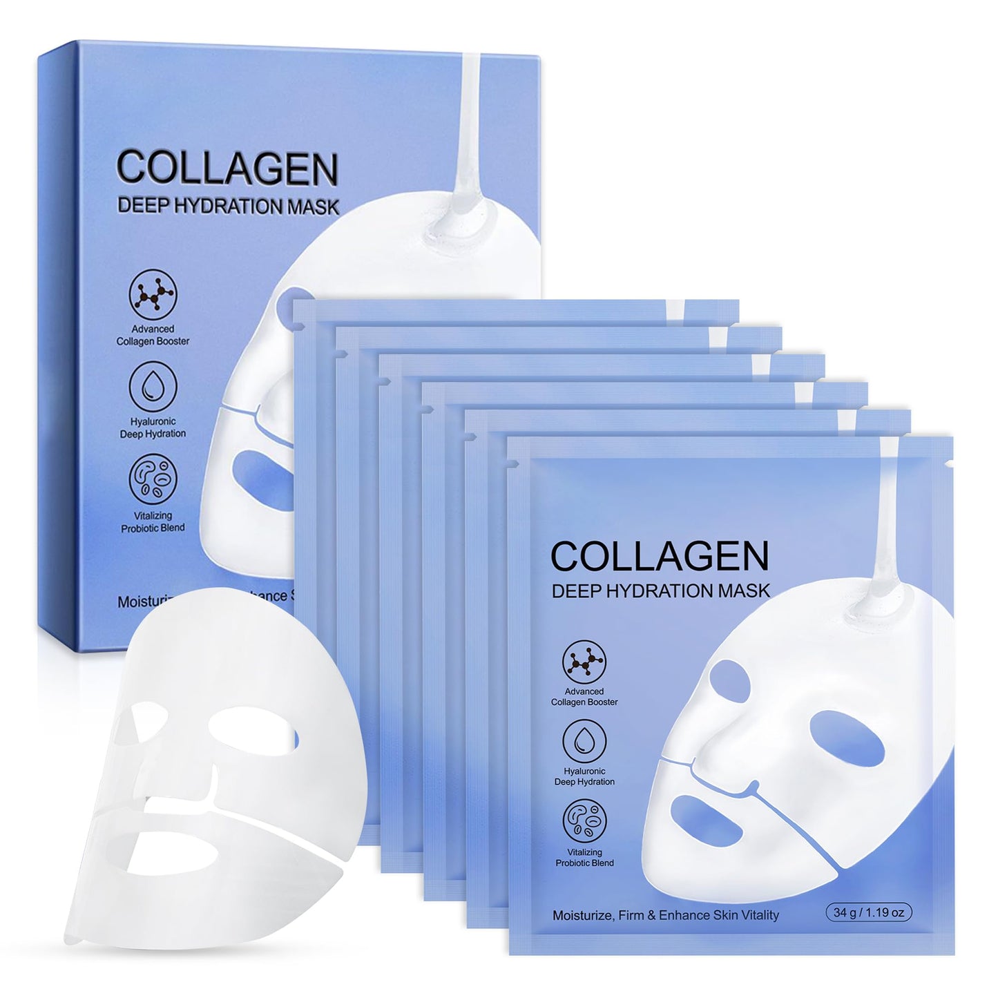 Collagen Face Mask - 6 Pack, Hydrating & Firming Sheet Mask for All Skin Types, Anti-Wrinkle, K-Beauty & Moisturizing Overnight Skincare