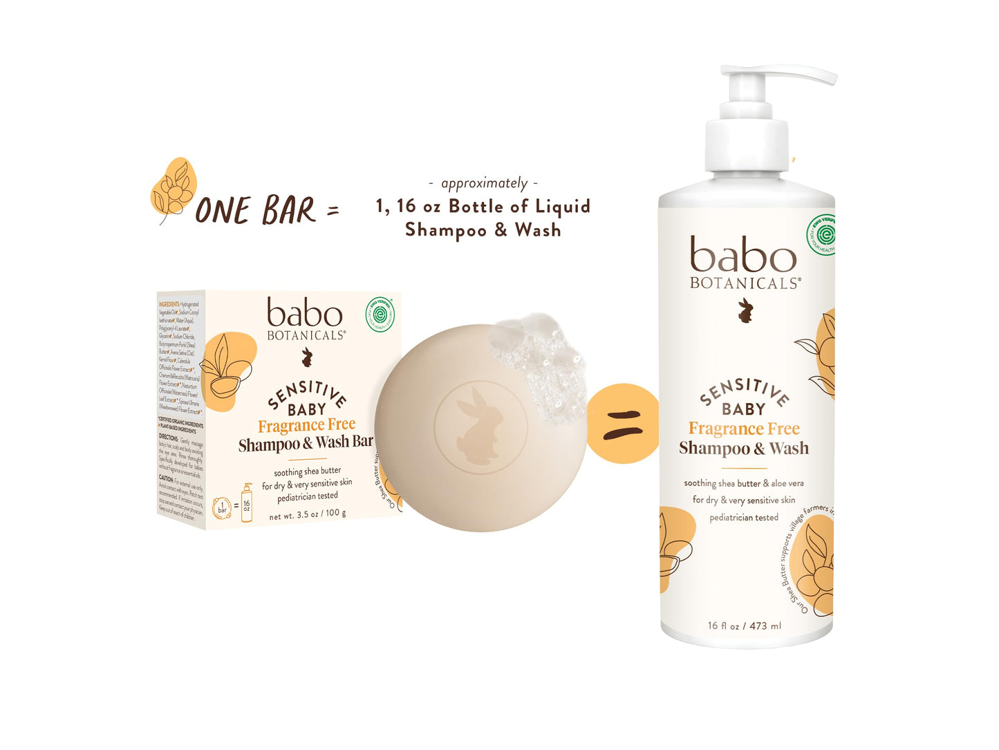 Babo Botanicals Sensitive Baby Fragrance-Free 2-in-1 Shampoo & Wash Bar - Shea Butter, Calendula & Aloe Vera - EWG Verified - Cruelty-Free - Vegan - Pediatrician Tested - For Babies & Kids