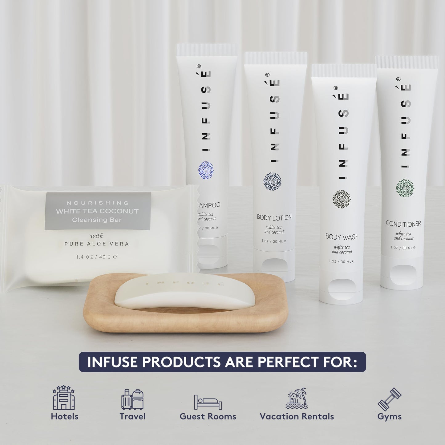 Infuse Pure White Tea and Coconut Hotel Soaps and Toiletries Bulk Set | 1-Shoppe All-In-Kit for Airbnb | 1oz Shampoo & Conditioner, Body Wash, Lotion & 1.25oz Bar Soap | Travel Size 150 Pieces
