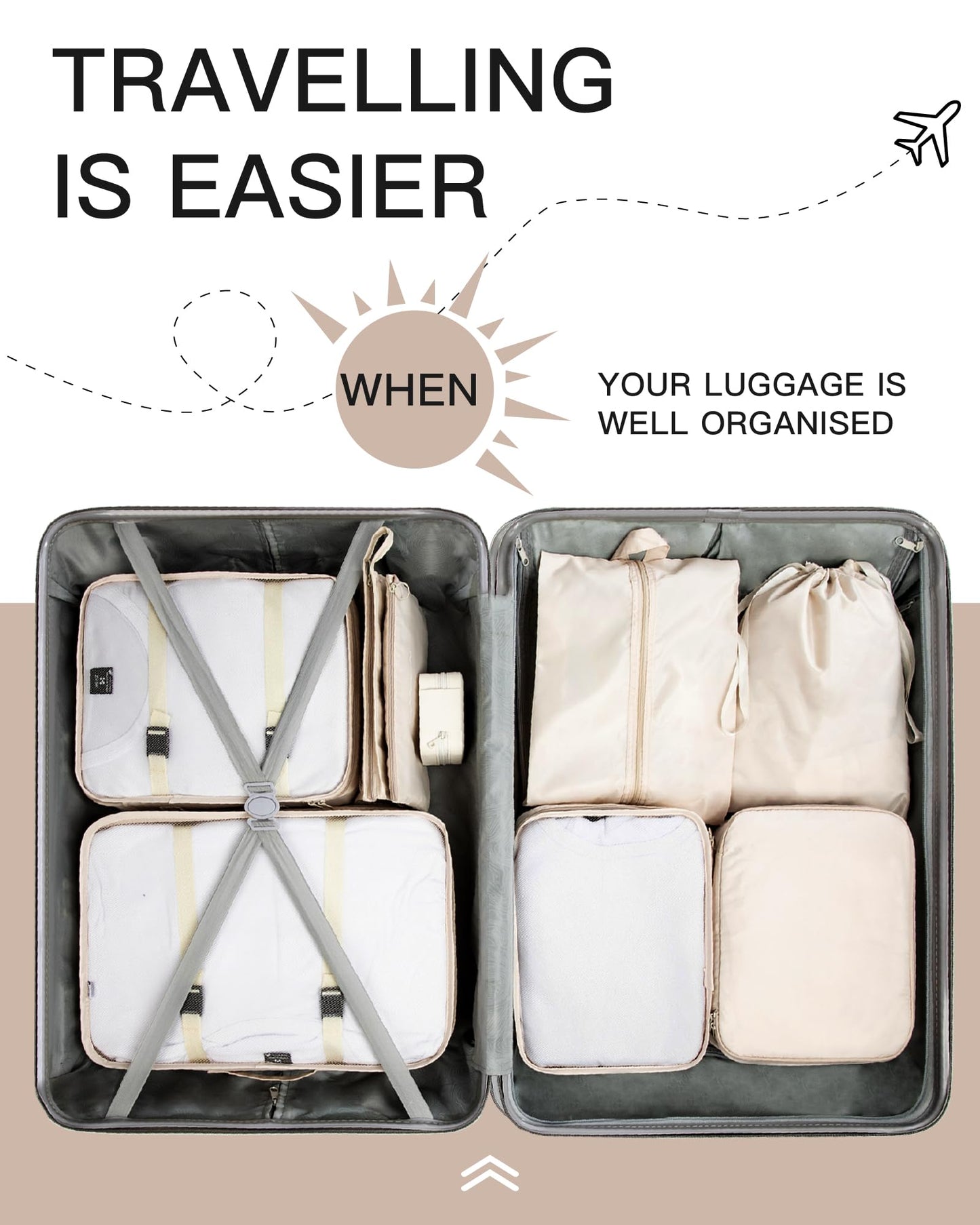 TRAILKICKER 9 Set Packing Cubes for Carry on Suitcase Travel Organizer Bags for Luggage Suitcase Organizer Bags Packing Cube Set for Packing Women Men (Beige)