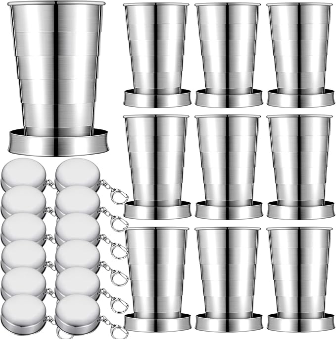 10 Pieces 2.5oz Collapsible Shot Glasses Stainless Steel Collapsible Cup Reusable Portable Travel Folding Cup with Lid and Keychain for Camping Hiking Cycling