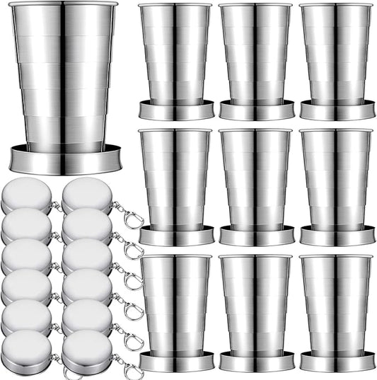 10 Pieces 2.5oz Collapsible Shot Glasses Stainless Steel Collapsible Cup Reusable Portable Travel Folding Cup with Lid and Keychain for Camping Hiking Cycling