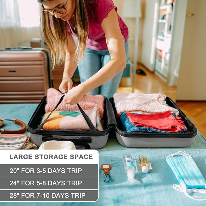 Kono 24 Inch Luggage Suitcase Lightweight with Spinner Wheels TSA Lock Hardside Medium Checked Luggage Durable Rolling Suitcase Grey