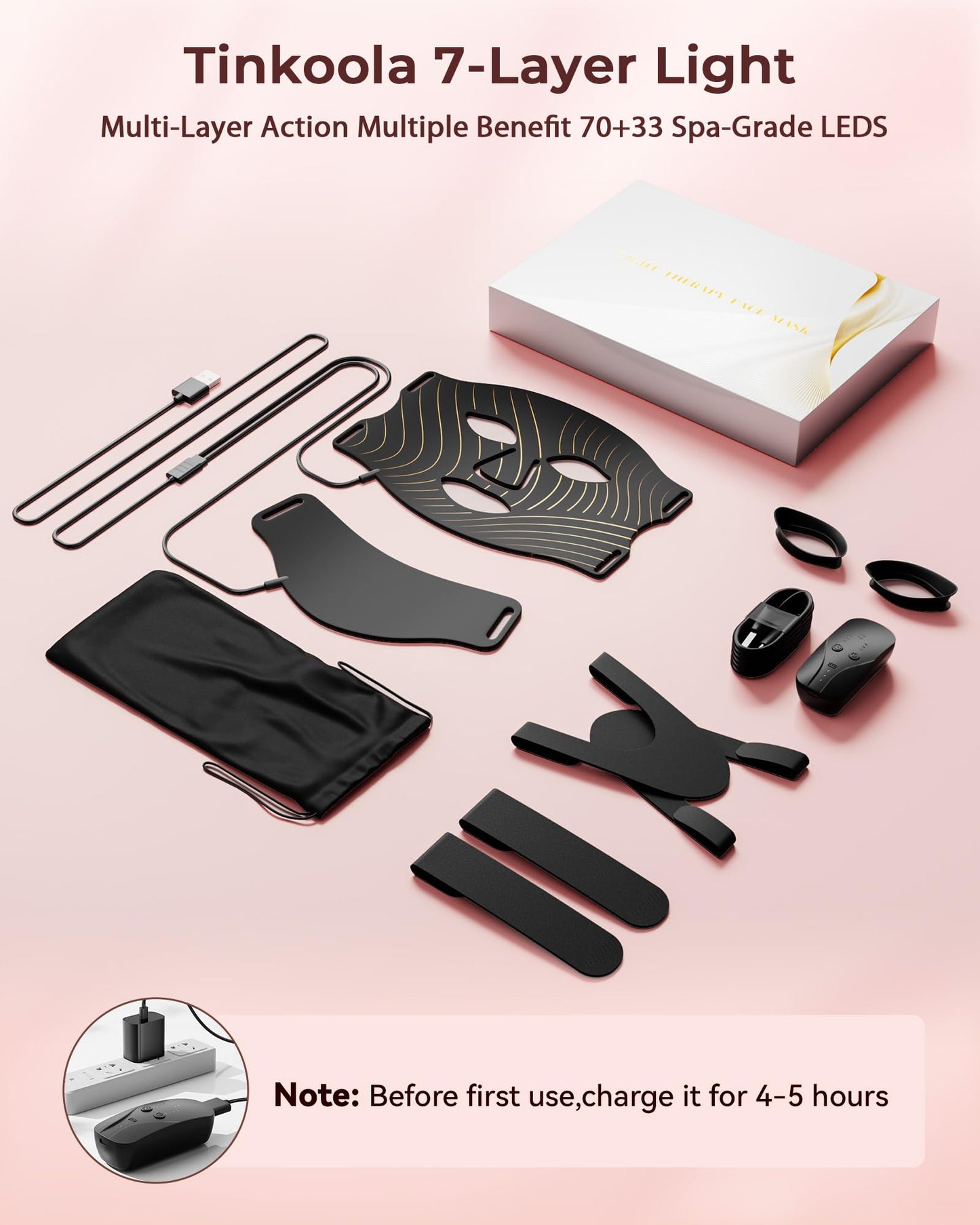 tinkoola Red Light Therapy for Face,LED Face Mask Light Therapy,LEDs Face Mask & Neck Mask Red Wavelength,Rechargeable Ergonomic Design for True Skincare at Home (Black)