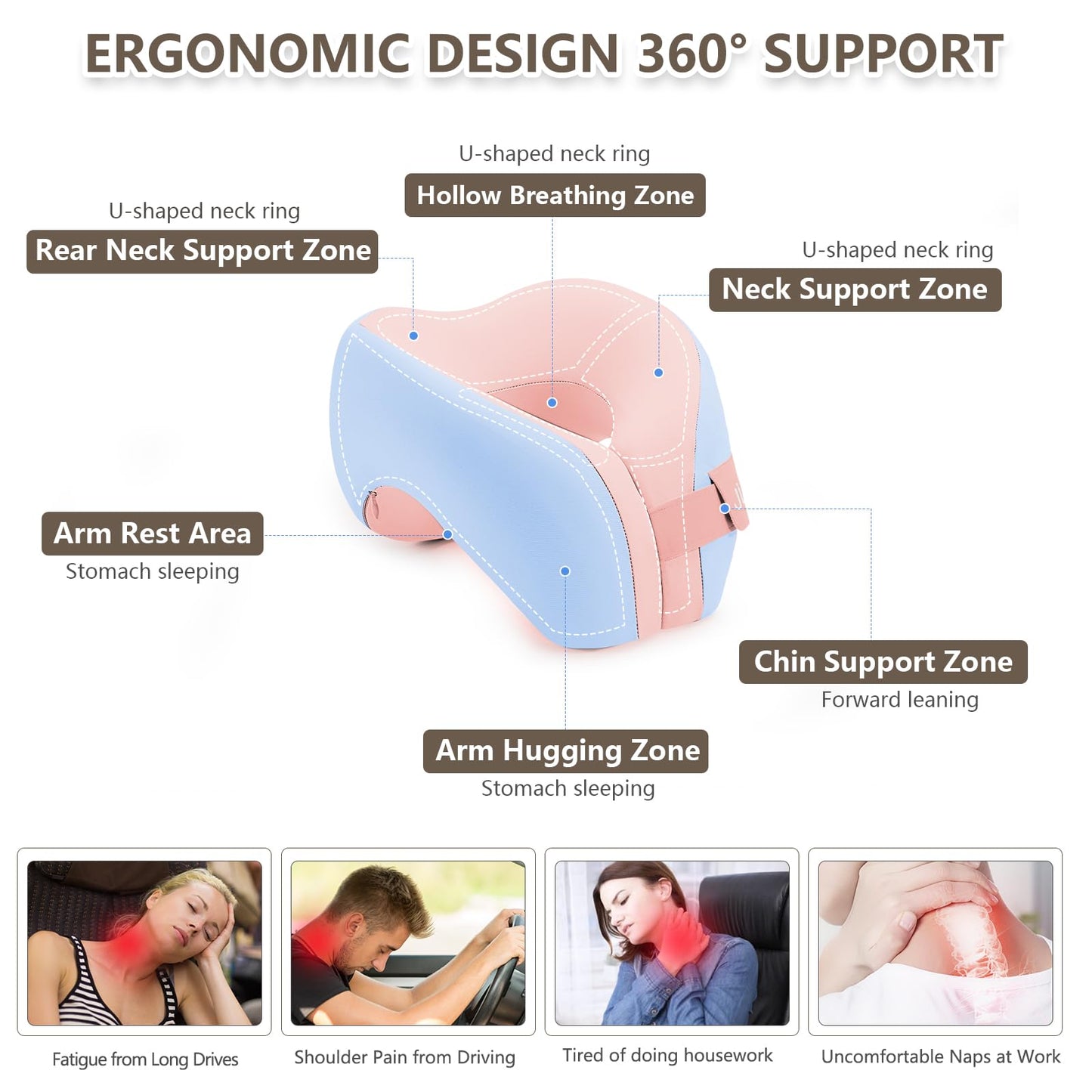 2in1 Ergonomic Memory Foam Travel Neck Pillow – Upgrade Travel Pillow for All Sleep Positions on Flights, Road Trips, and Long Distance Travel with Drawstring Bag (Adjustable - Blue and Pink)