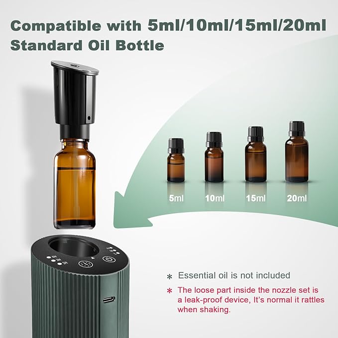 Waterless Essential Oil Diffuser with 4 Timer (1/3/6H & Off) & 3 Mist(L/M/H), Air Scent Diffuser for Home Car Office, Rechargeable Aromatherapy Diffuser, Portable Mini Aroma Diffuser, Dark Green