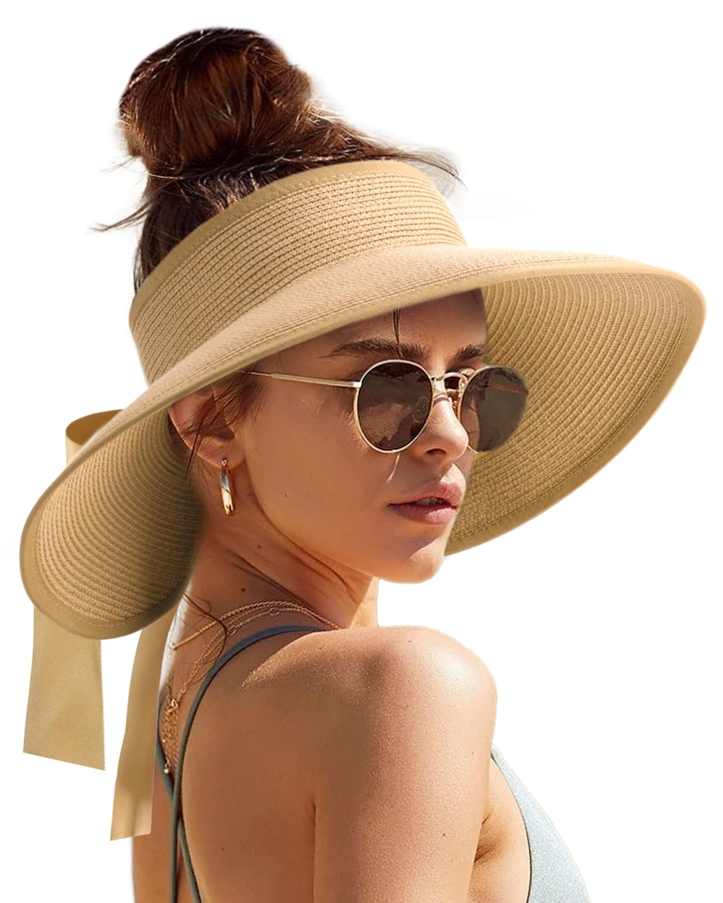 Camptrace Sun Visors for Women Wide Brim Beach Hat Foldable Straw Visor Hat Ponytail Summer Packable UPF 50+