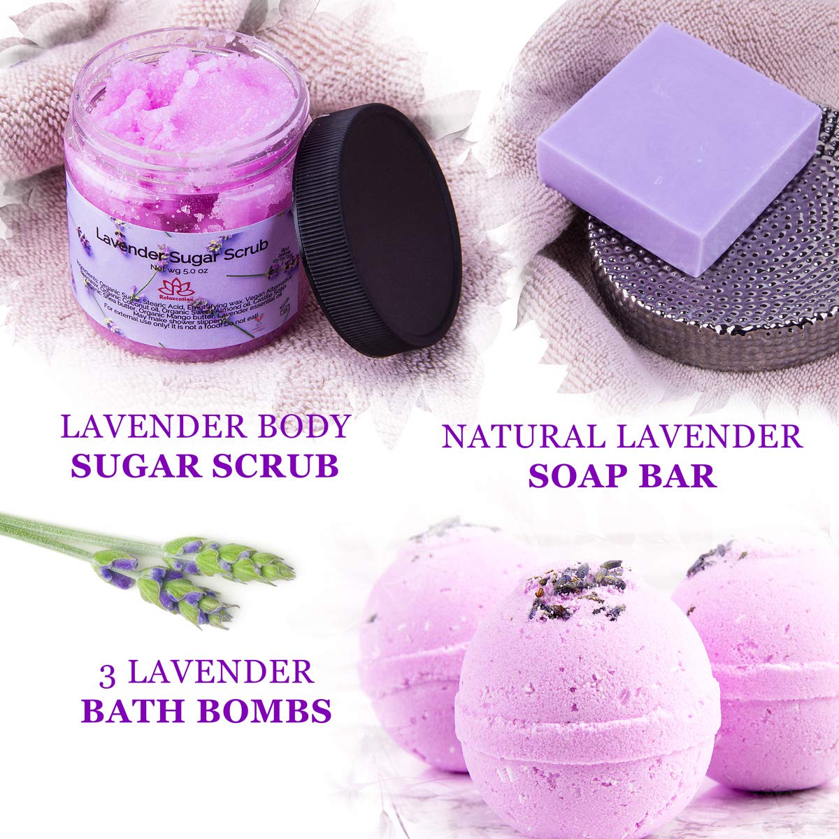 Gift Basket for Women Organic Lavender Gift Set, Bath and Body at Home, Spa Kit, Soy Wax Candle, Natural Oil Bath Salt, 3 Bath Bombs, Soap Bar, Body Sugar Scrub, for Mom, Girls - Made in USA
