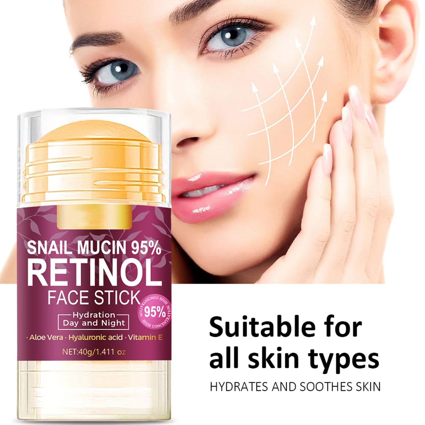 Hydrating Face Balm Stick with 95% Snail Mucin, Retinol and Hyaluronic Acid Multi Balm Stick Moisturizer for Day and Night Deep Hydration, Moisturizer Stick for Face Anti Wrinkle Skin Repair,1.41Oz