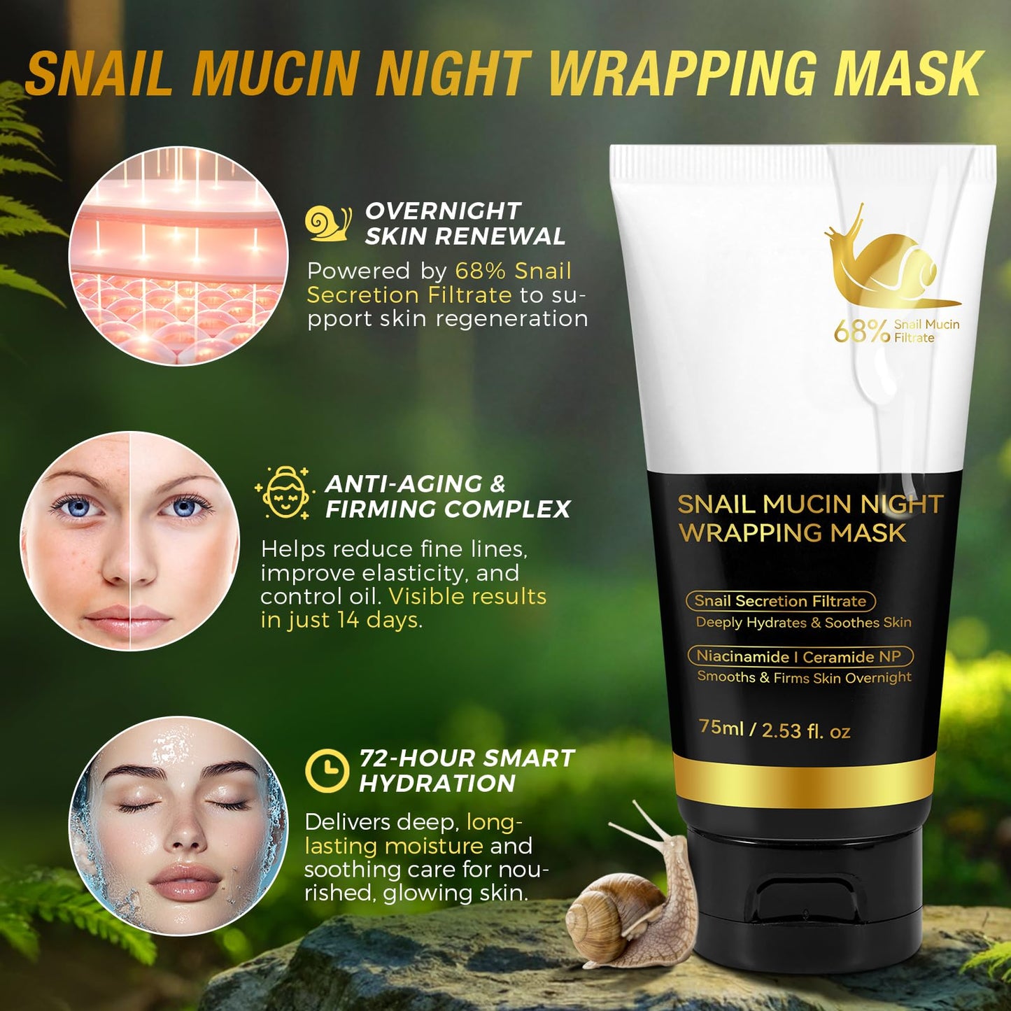 chenyayun 9000PPM Snail Mucin Collagen Overnight Wrapping Peel Off Mask for Intensive Hydrating, Skin Barrier Repairing, Reducing Sagging/Wrinkles/Fine Lines, 2.53 Oz/75 ML