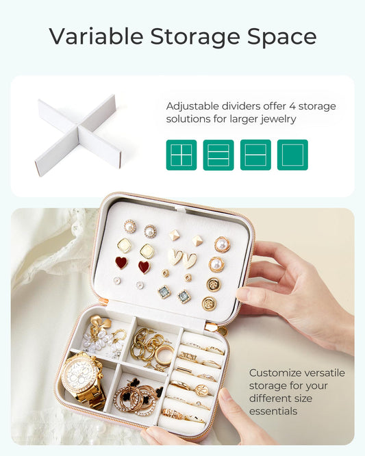 BAGSMART Travel Jewelry Box, Small PU Leather Jewelry Organizer, Portable Double Layer Case for Necklaces, Rings, Earrings, Bracelets, Pink