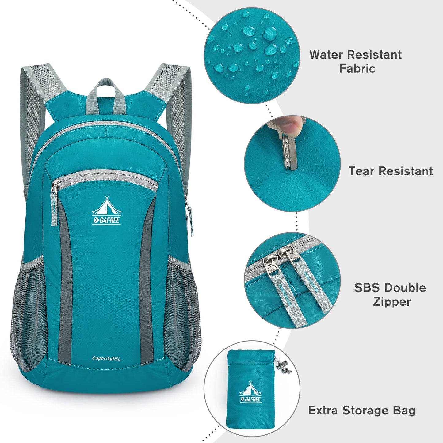 G4Free 16L Hiking Daypack, Lightweight Packable Small Backpack for Travel Camping Outdoor Men Women