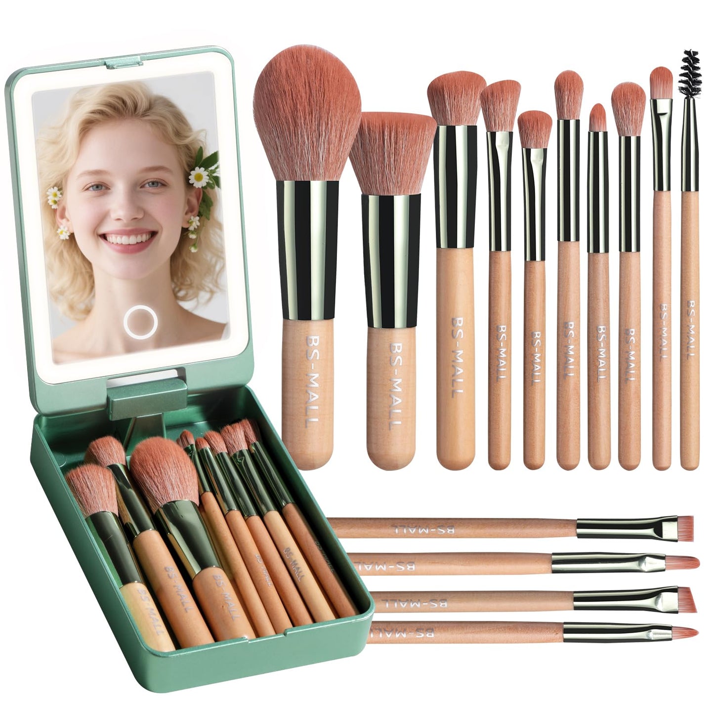 BS-MALL Travel Makeup Brush Set – 14 Pcs Foundation Powder Concealers Eye Shadows with LED Light Mirror, Green