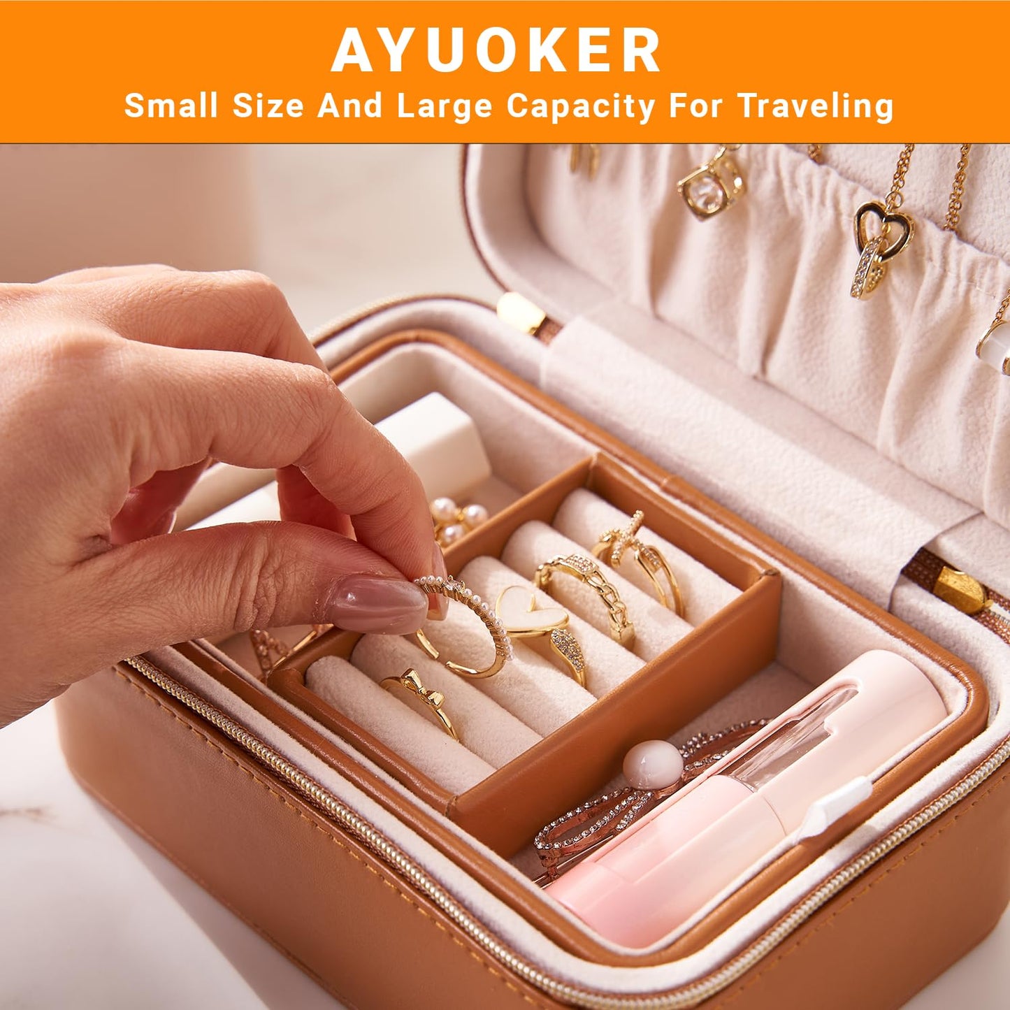 AYUOKER Brown Small Travel Jewelry Box,2 Layers PU Leather Travel Jewelry Box with Double Zippers, Portable Travel Jewelry Organizer for Necklace/Bracelet/Ring/Brooch