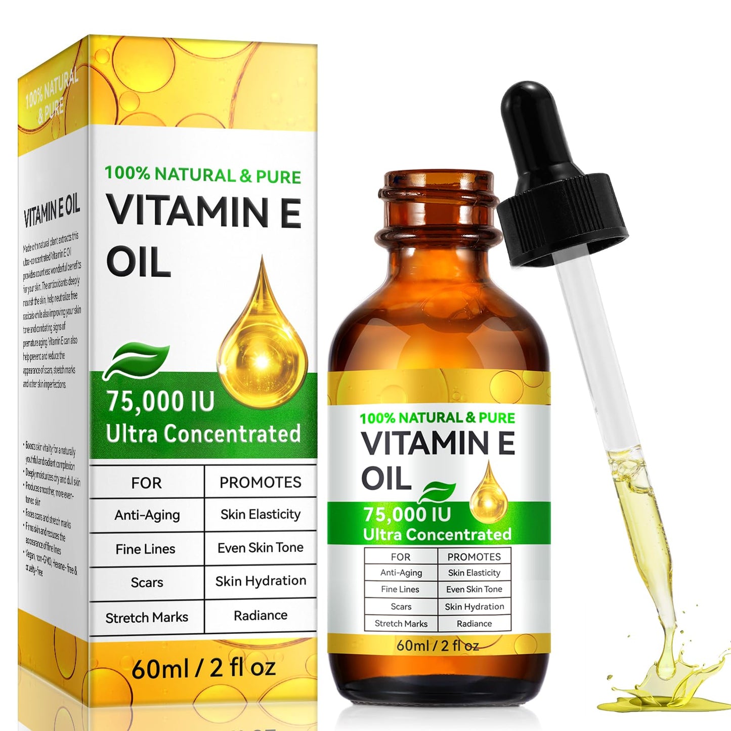Pure Vitamin E Oil for Skin Blend 75,000 IU, Natural Organic Vitamin E oil for Scars, Hair & Face (2 Fl Oz) - Non GMO, Cold Pressed, Cruelty Free Skin Repair & Moisturizing Solution, Easy to Absorbed