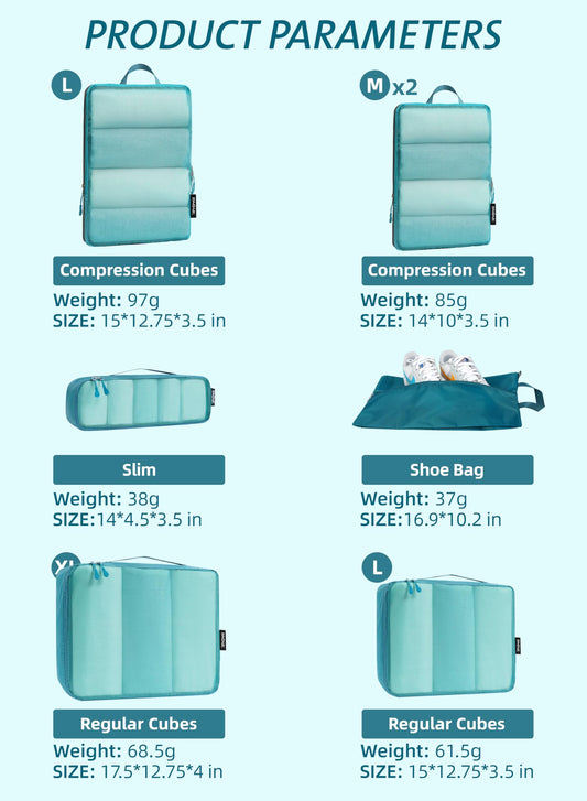 Bagail Ultralight Packing Cubes 7 Set, 3 Compression Packing Cubes 3 Packing Organizers With 1 Shoe Bag-Teal Mesh
