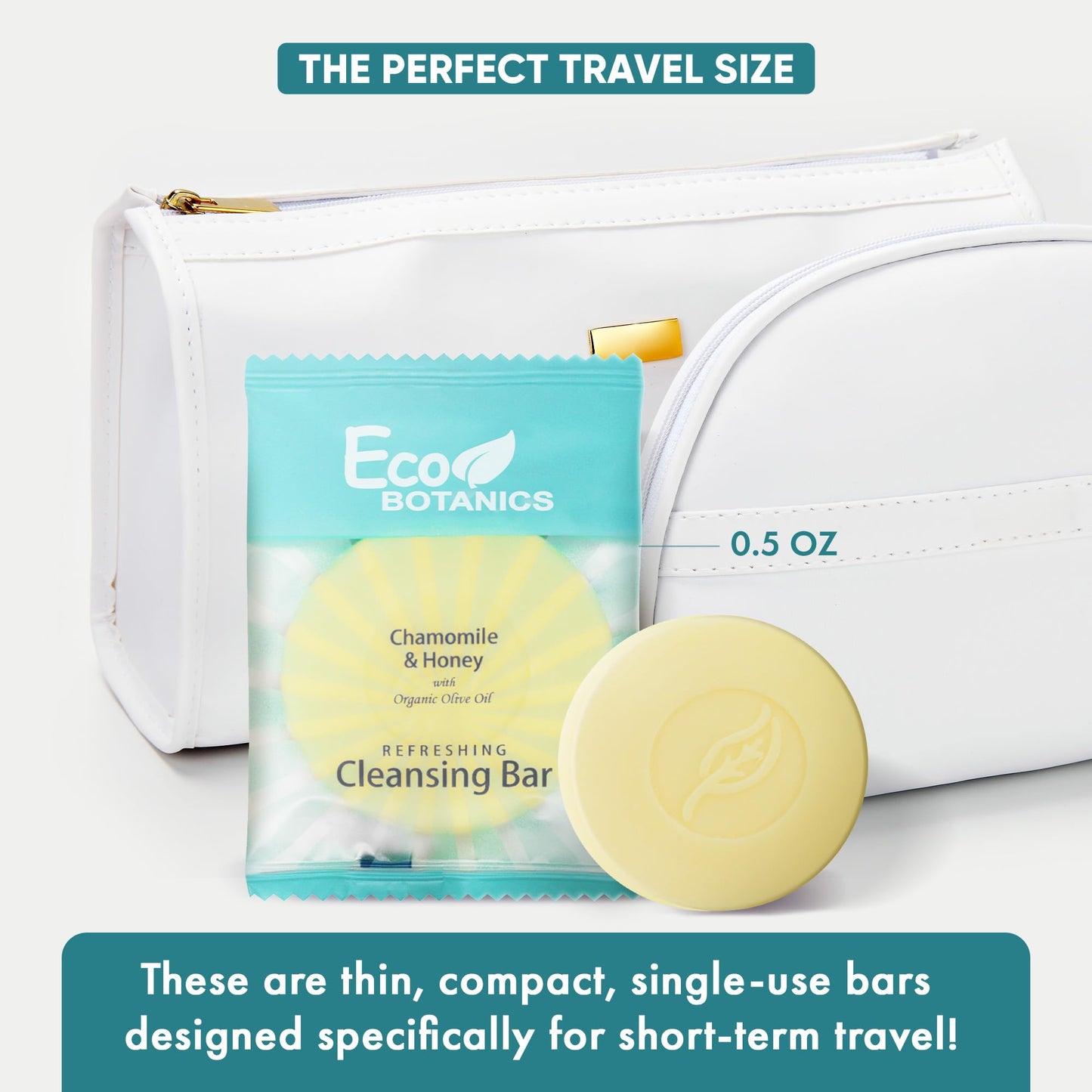Eco Botanics Travel-Size Cleansing Bars | Individually Wrapped Single‑Use Hospitality & Hotel Amenities 0.5 oz | Case of 100 Thin Mini Soap Bars