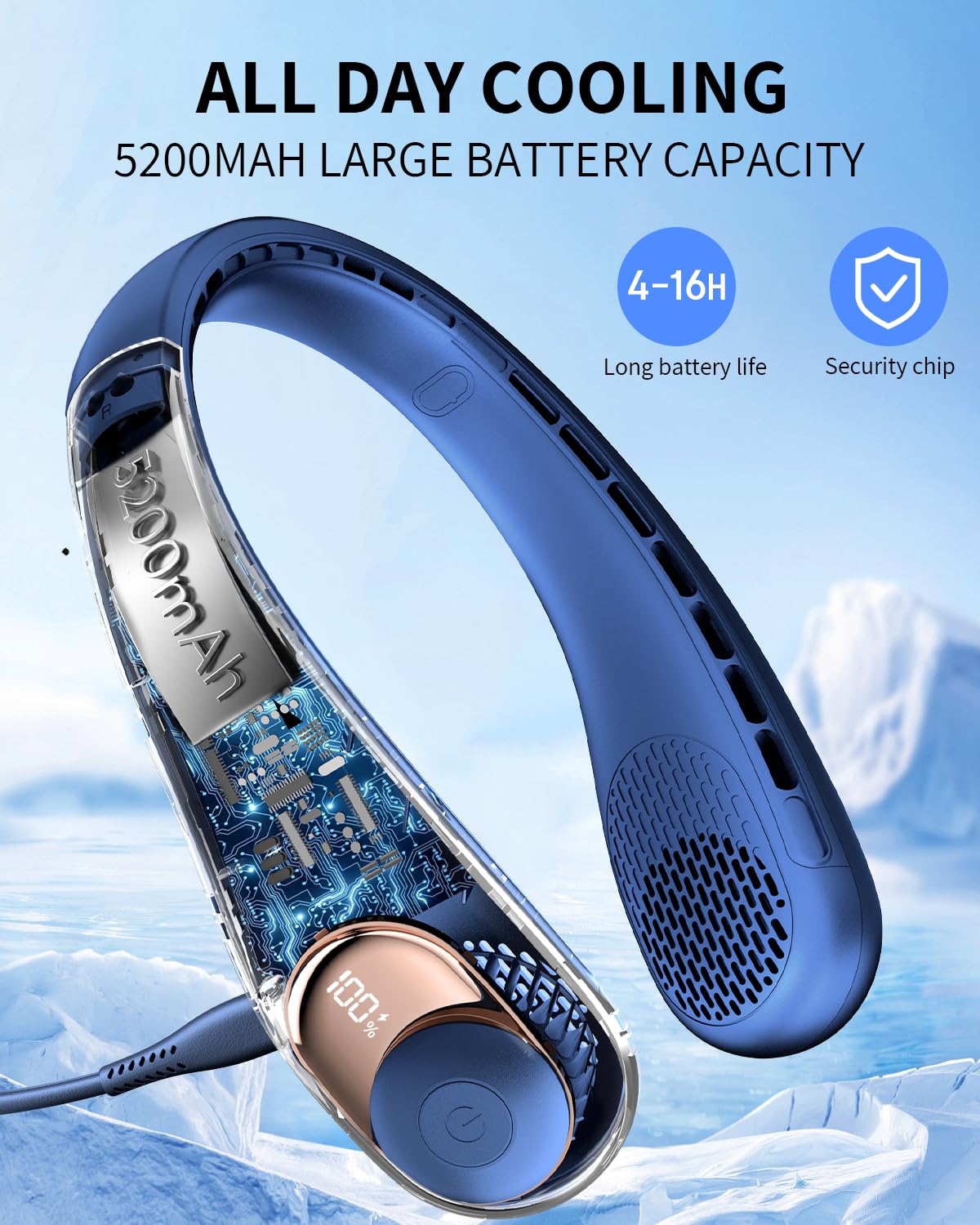 Neck Fan, Personal Fan with LED Indicator, USB-C Charging, Long-Lasting 5200mAh Battery, Hands Free Bladeless Fan with 3 Adjustable Speeds & Ultra-Quiet, Ideal for Home, Travel & Outdoor