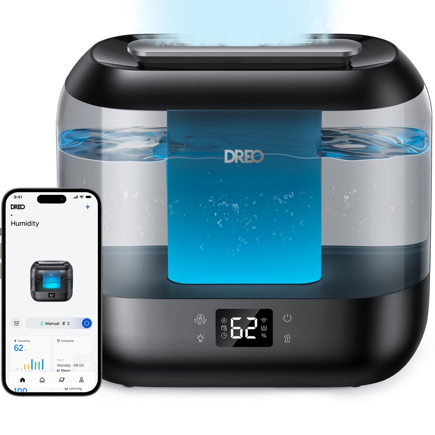 Dreo Smart Humidifiers for Bedroom, Top Fill 4L Supersized Humidifier Large Room with 28 dB, 36H Runtime, Touch/APP/Voice Control, Nightlight, Cool Mist Humidifiers for Baby, Plants, Indoor, Black