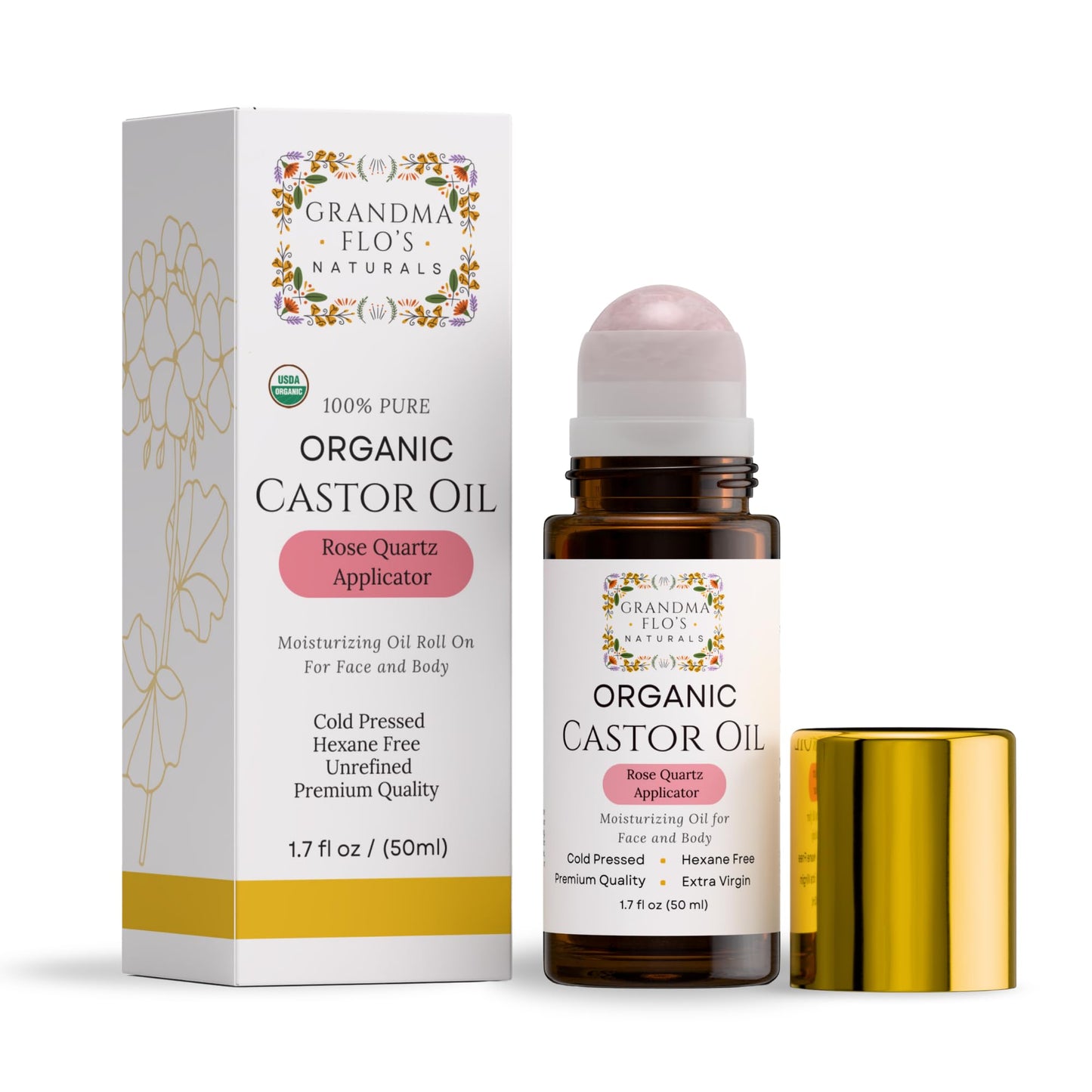 Grandma Flo's Naturals Organic Castor Oil with Rose Quartz Roll On For Face and Body - Glass Bottle, Cold Pressed, Hexane Free, Unrefined - Stimulate Hair Growth, Moisturize Skin (50ml)
