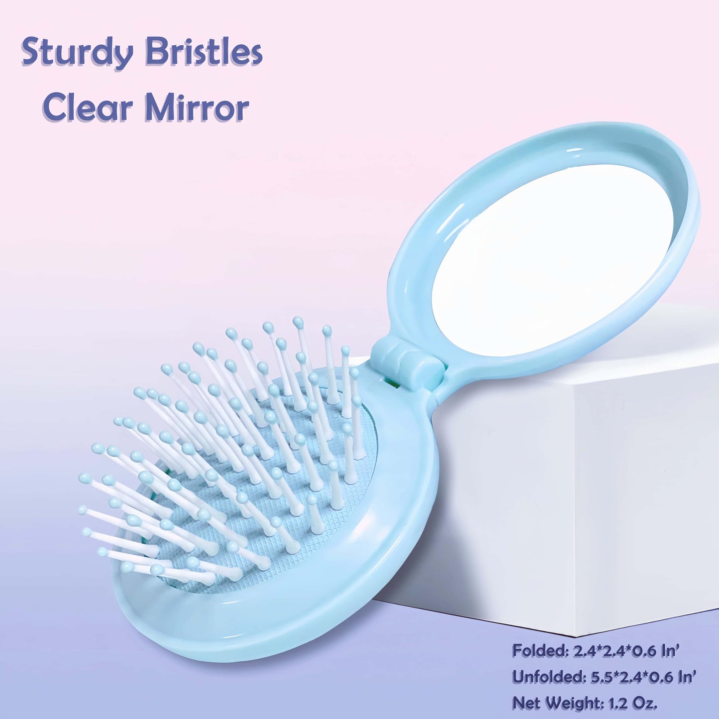 Arthaxi Travel Hairbrush and Mirror Set for Women, Folding Brush with Compact Mirror for Purse or Backpack, Cute Baby Blue Gift